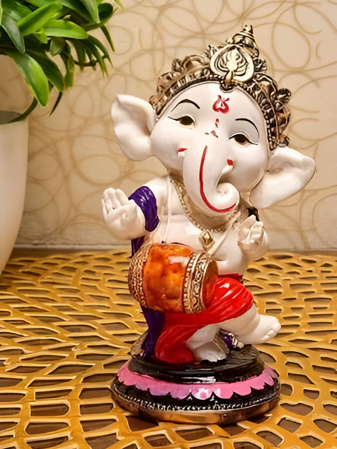 PICKARTME Dholak Ganesh Cream Polyresin Natural Prayer Room Medium Showpiece -