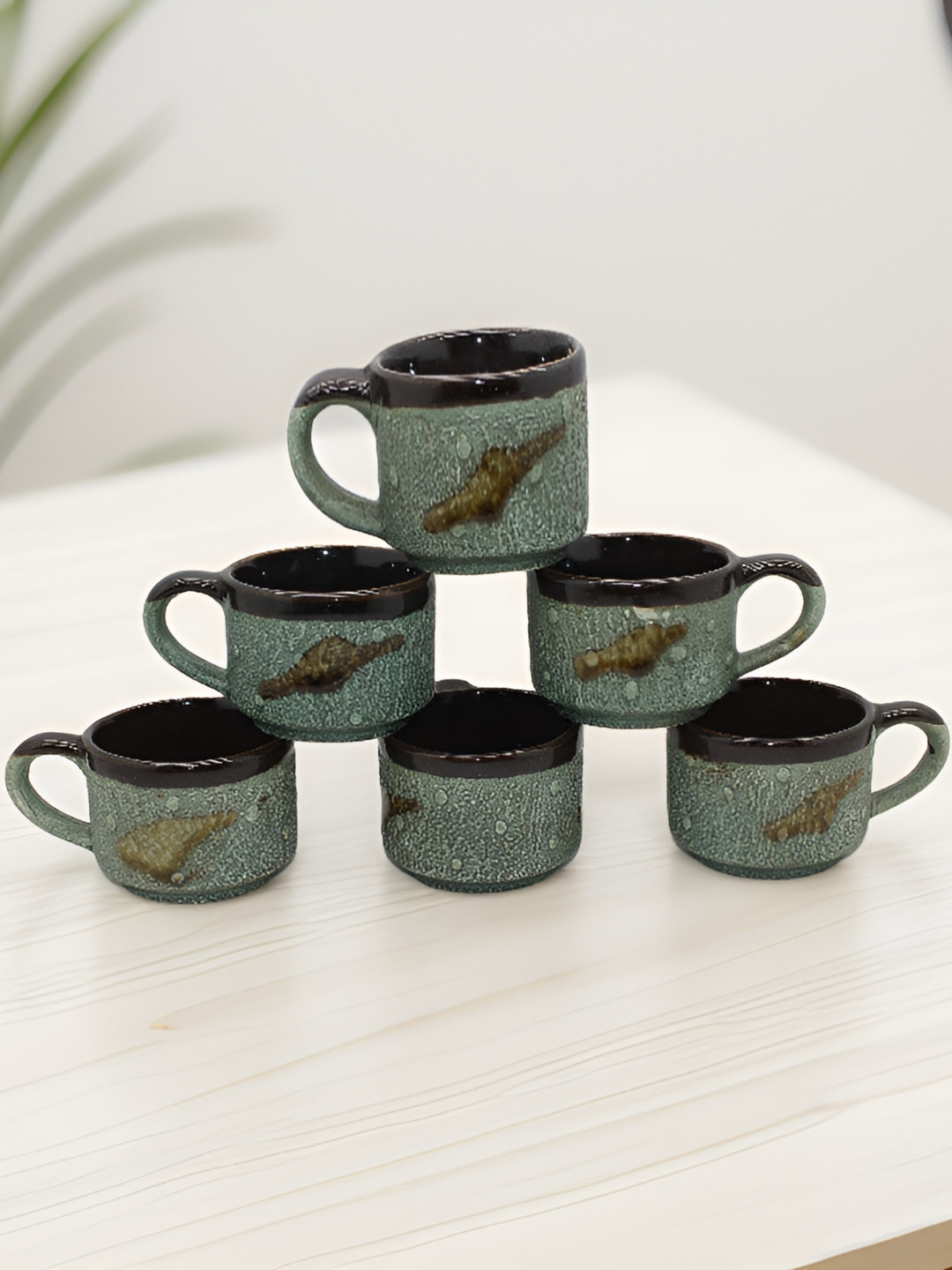 laghima jadon Green Abstract Ceramic Handmade 6 Piece Cups-100ml