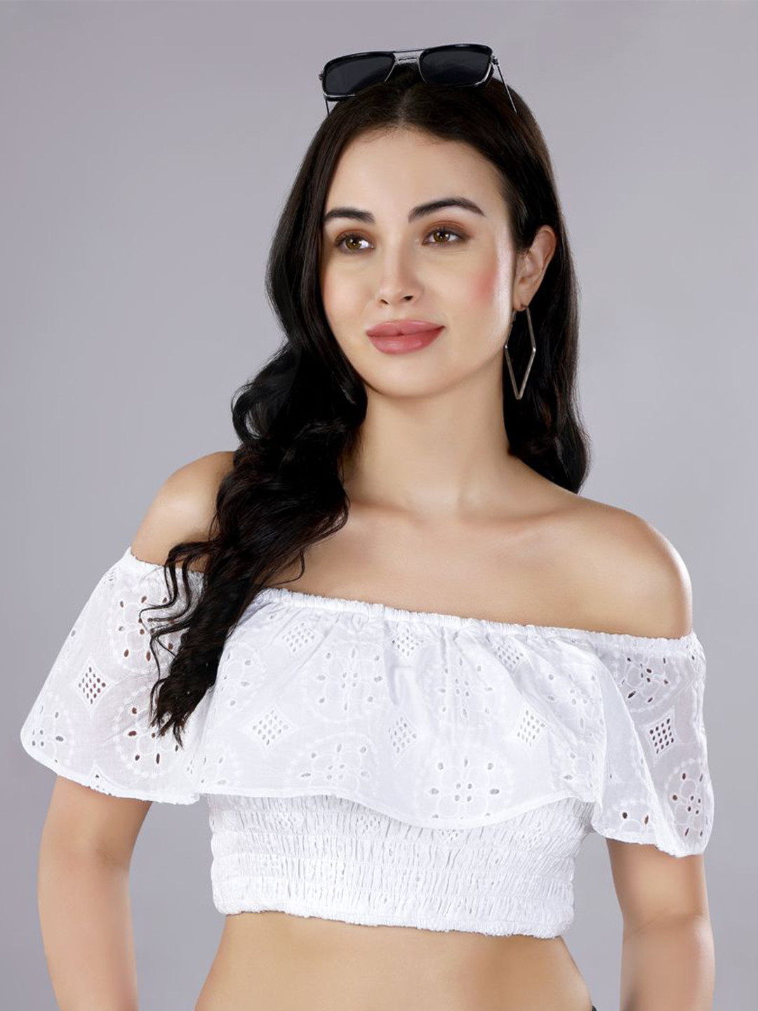 ZESTX Off-Shoulder Cotton Schiffli Bardot Crop Top