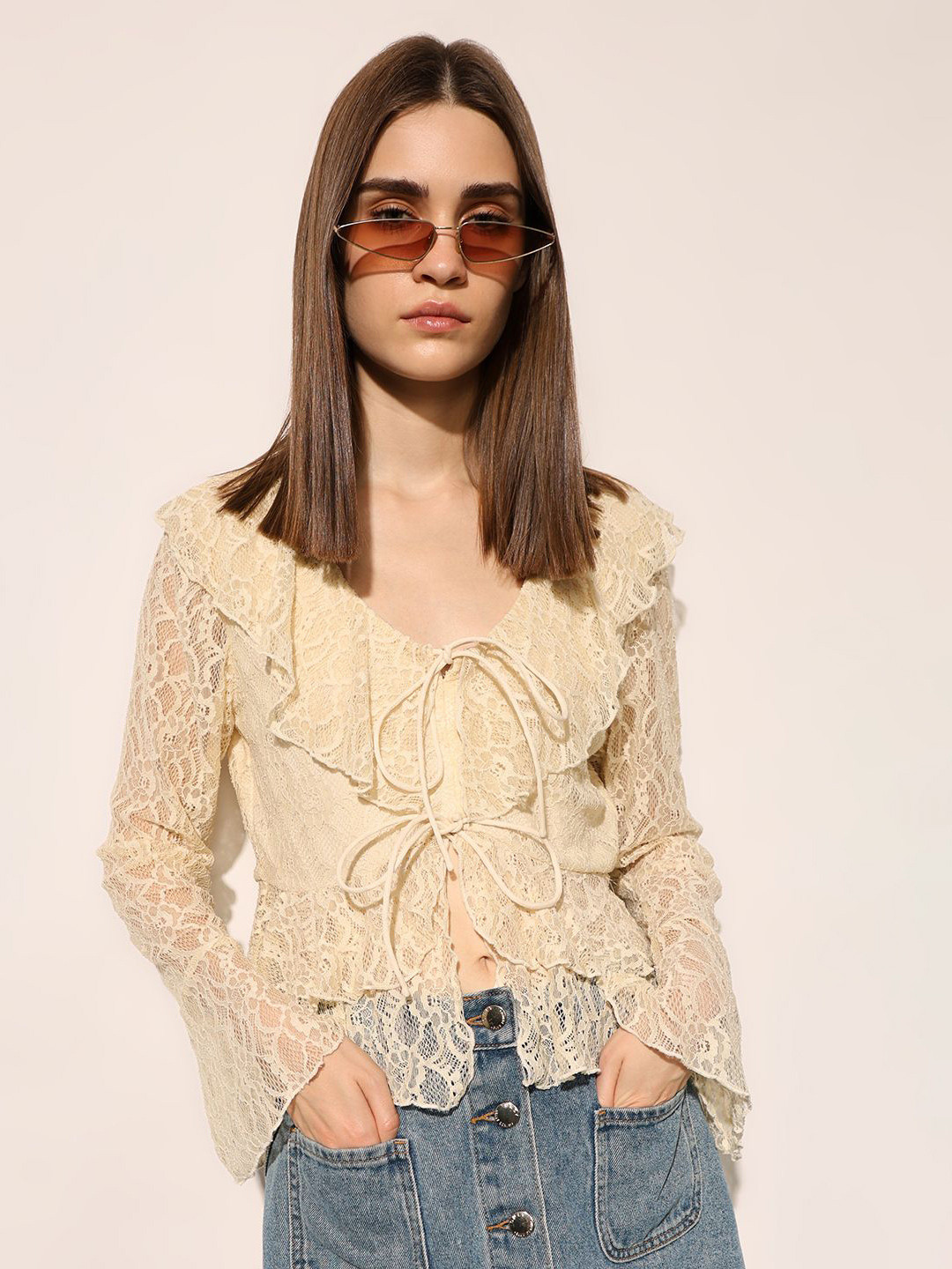 ONLY Flared Sleeve Lace Blouson Crop Top