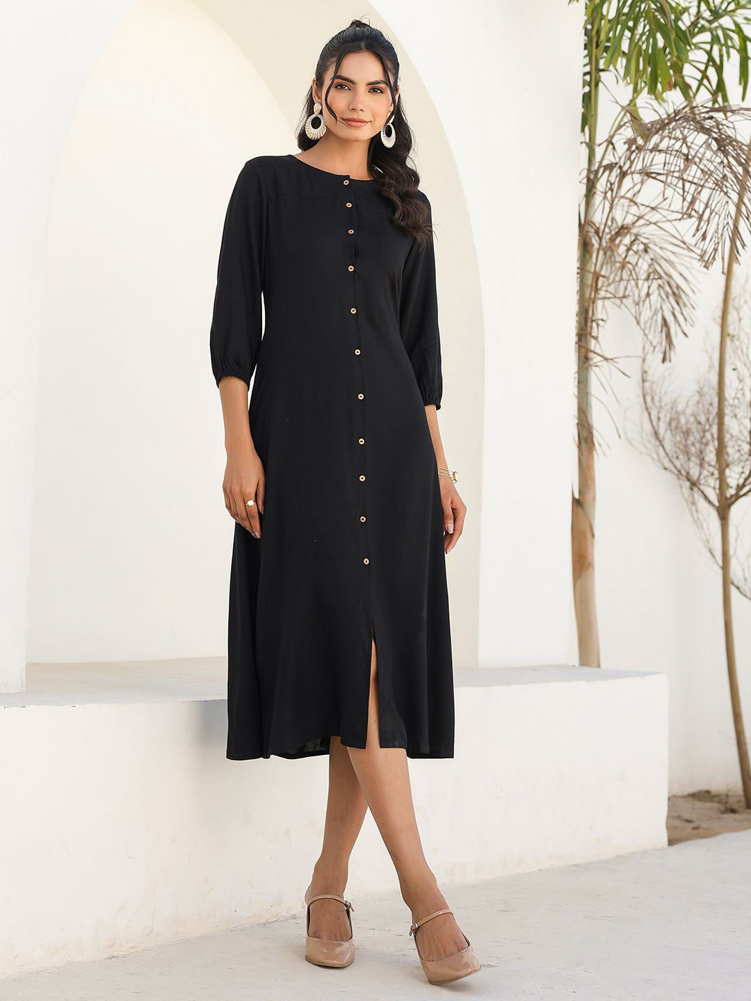 Janasya Women Black Rayon Solid Button Down A-line Dress