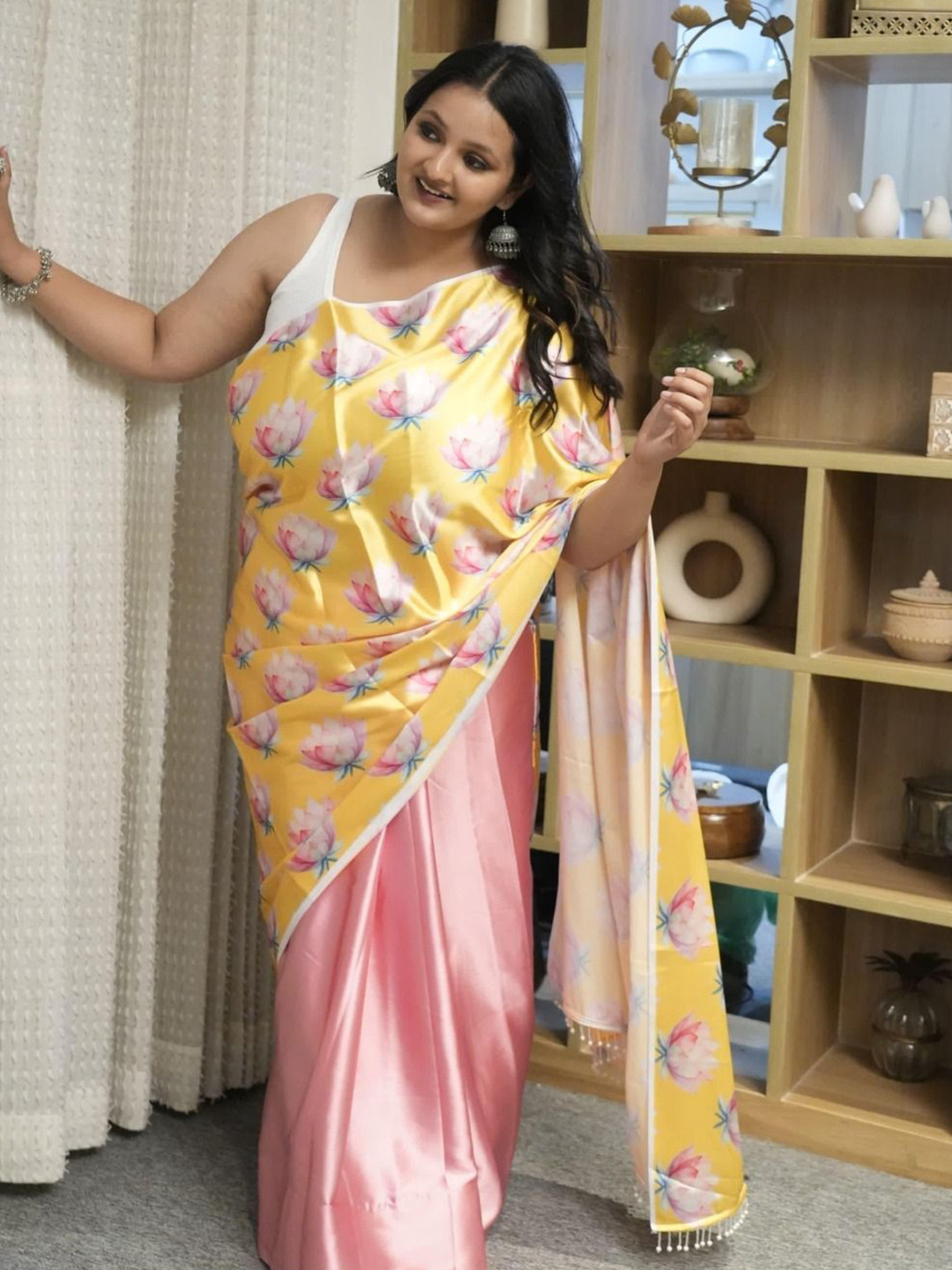 Swadeshi Shringaar Yellow Lotus Plus Size Satin Saree