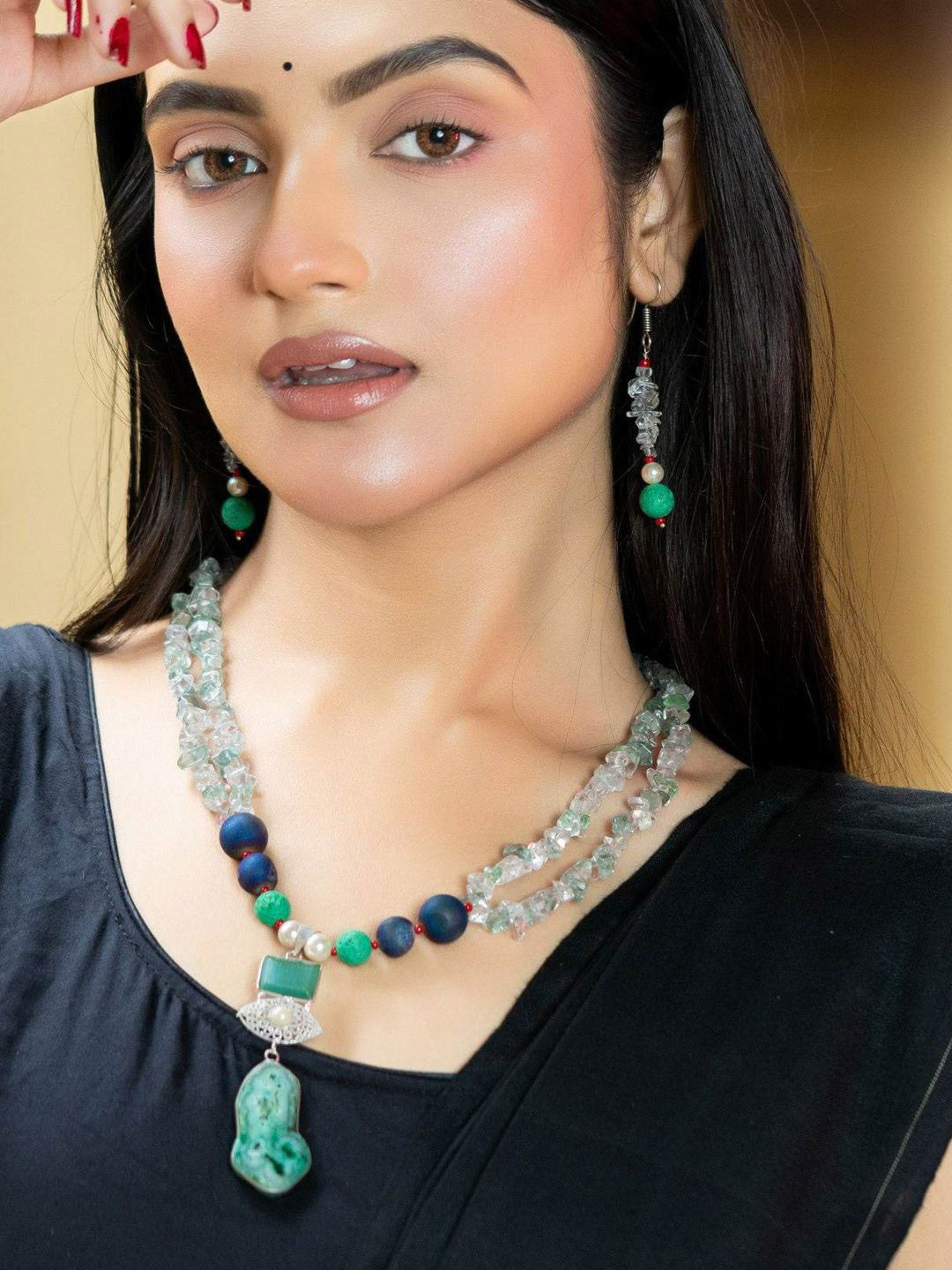 Look and Adorn Drazy Lava Agate Stone Necklace Set with Earrings