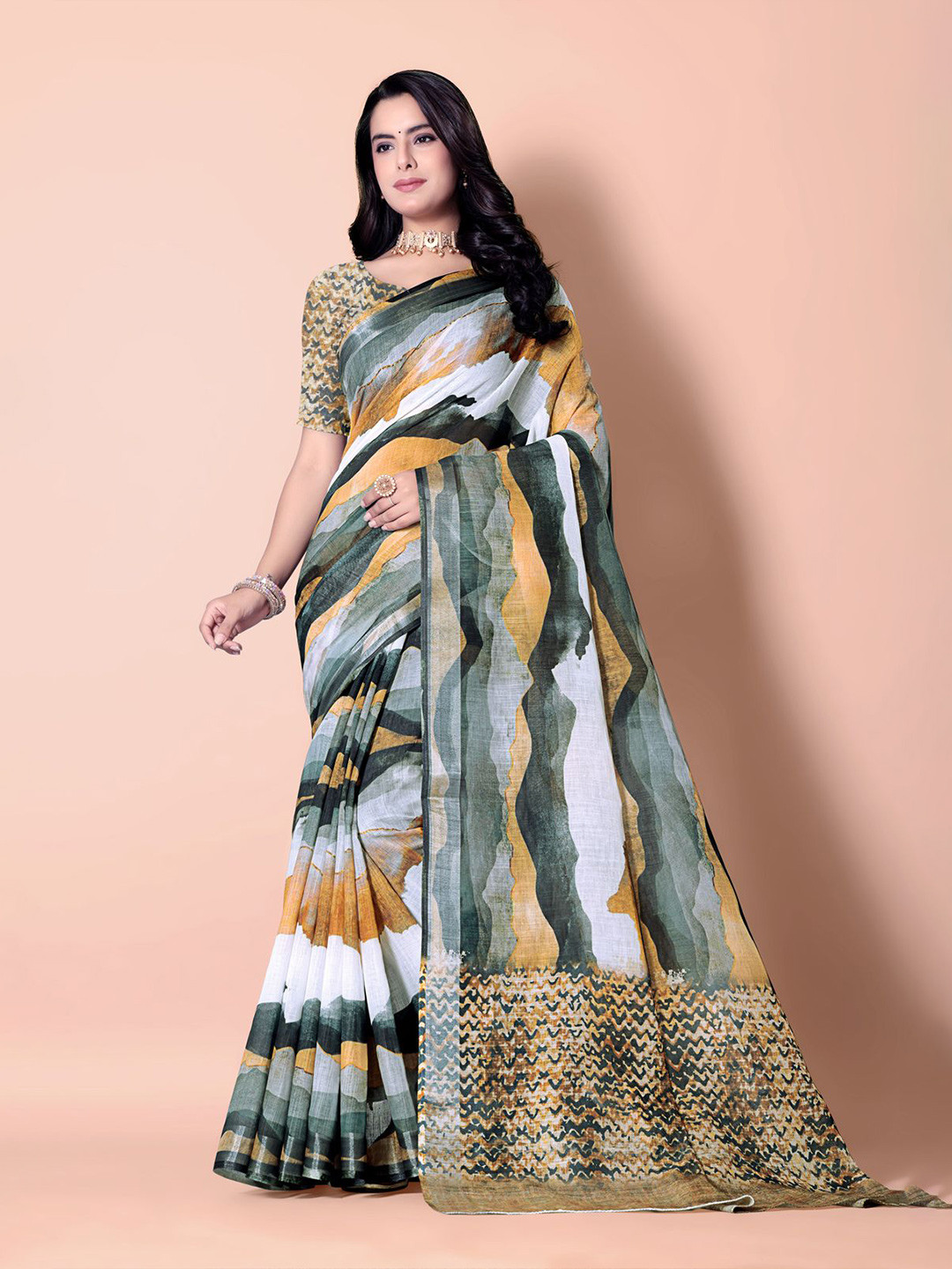 BAPS Women Abstract Printed Pure Linen Zari Border Saree With Blouse Piece