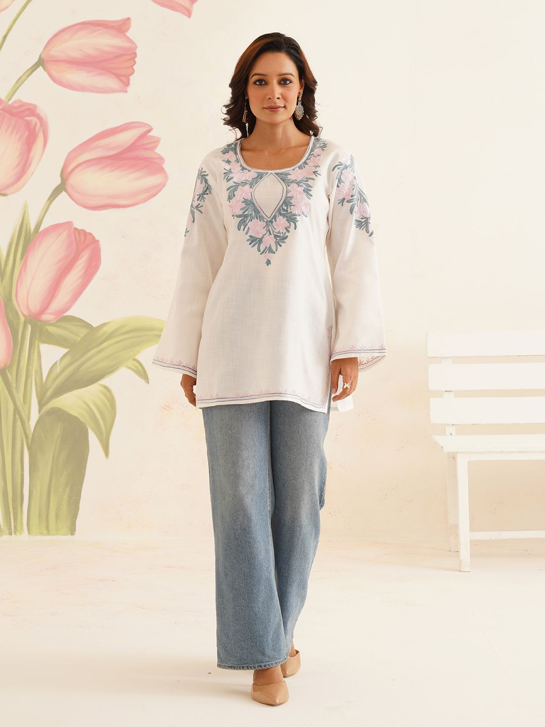 Kashmir Box Kashmiri Floral Embroidery White Cotton Kurti