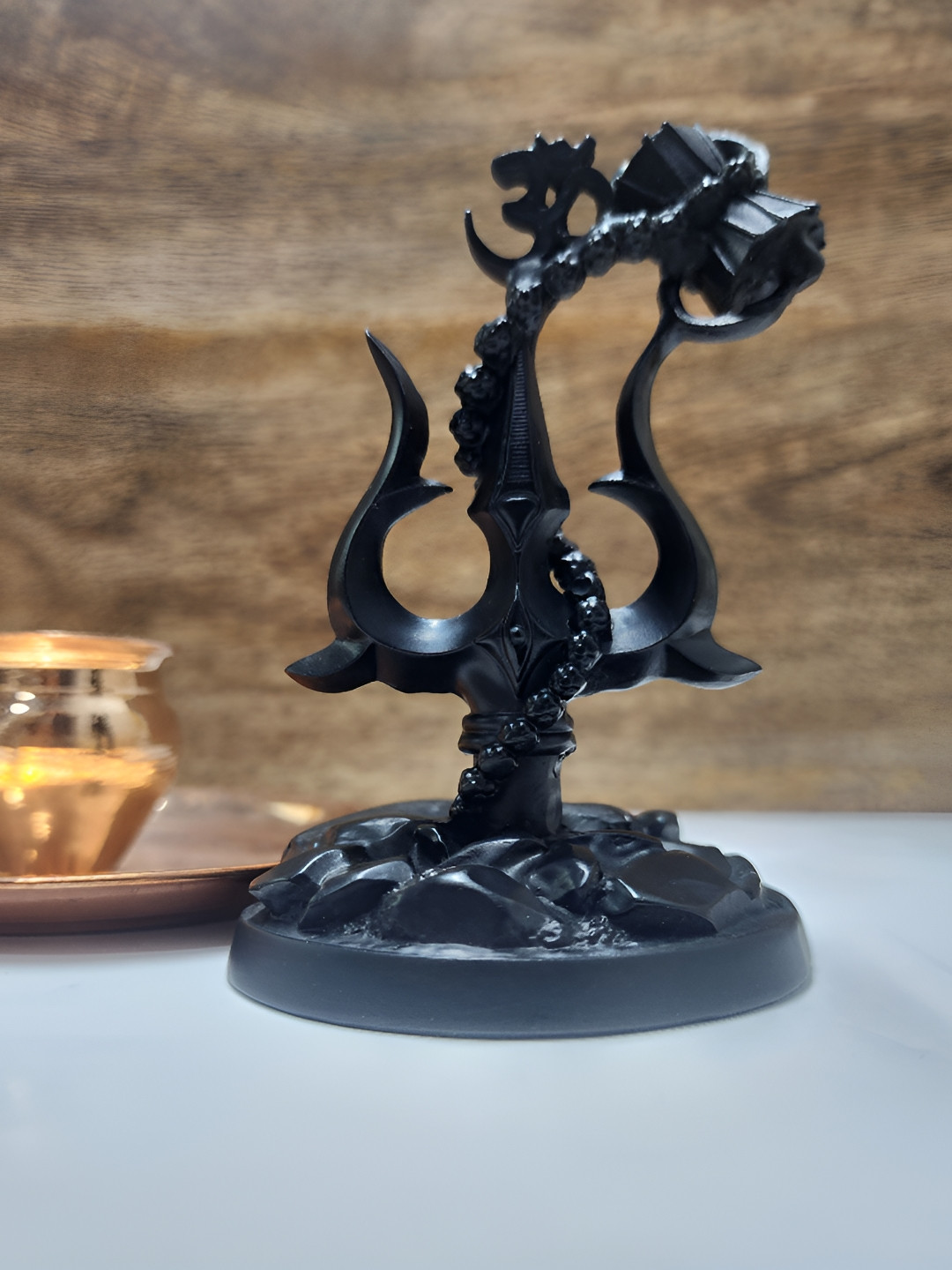HOUSE OF WEMY Trishul with Damru Black Polyresin Natural Prayer Room Small Showpiece -