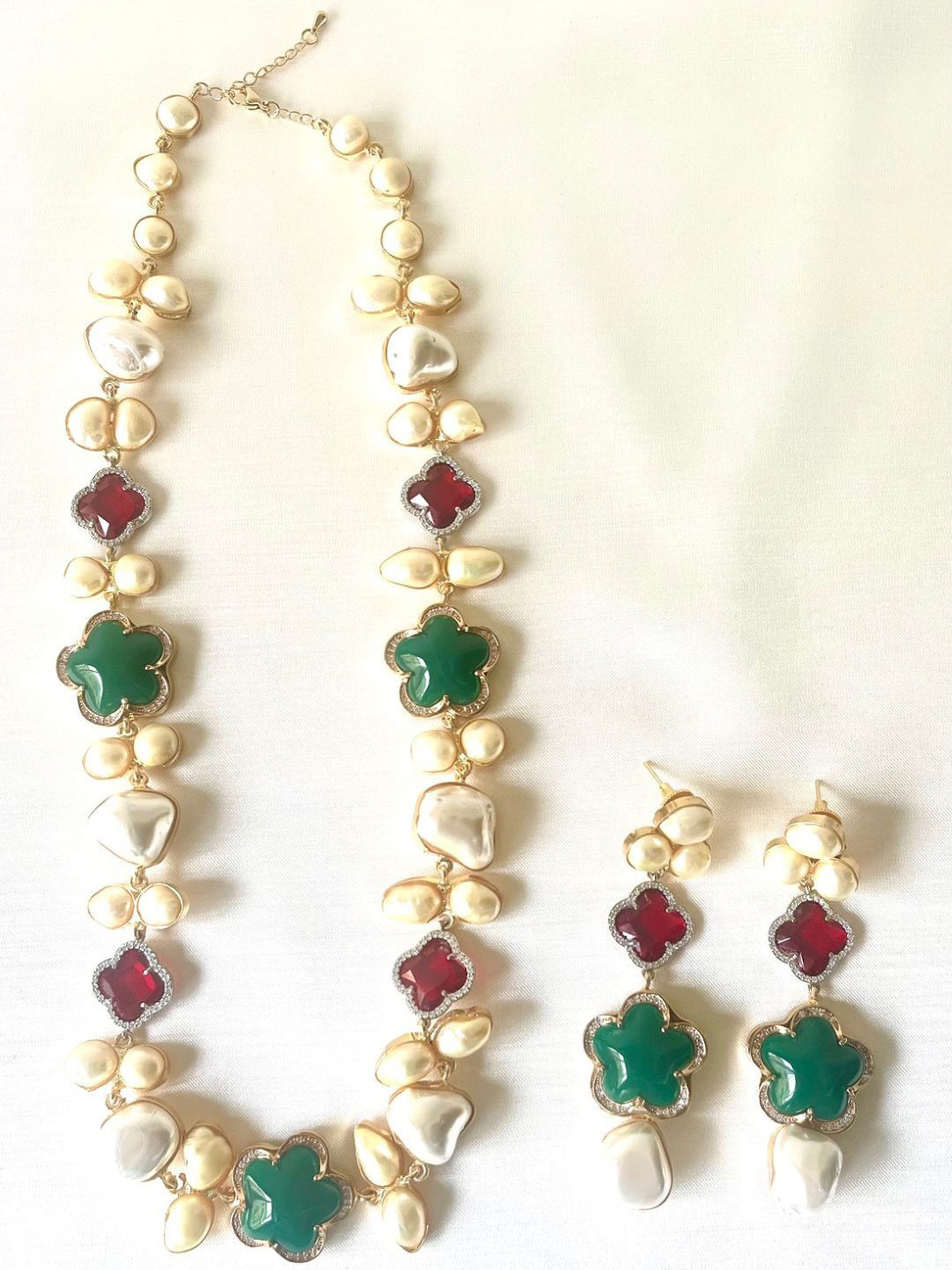 Mix Gold Plated Stone Studded & Pearl Beaded Jewellery Set