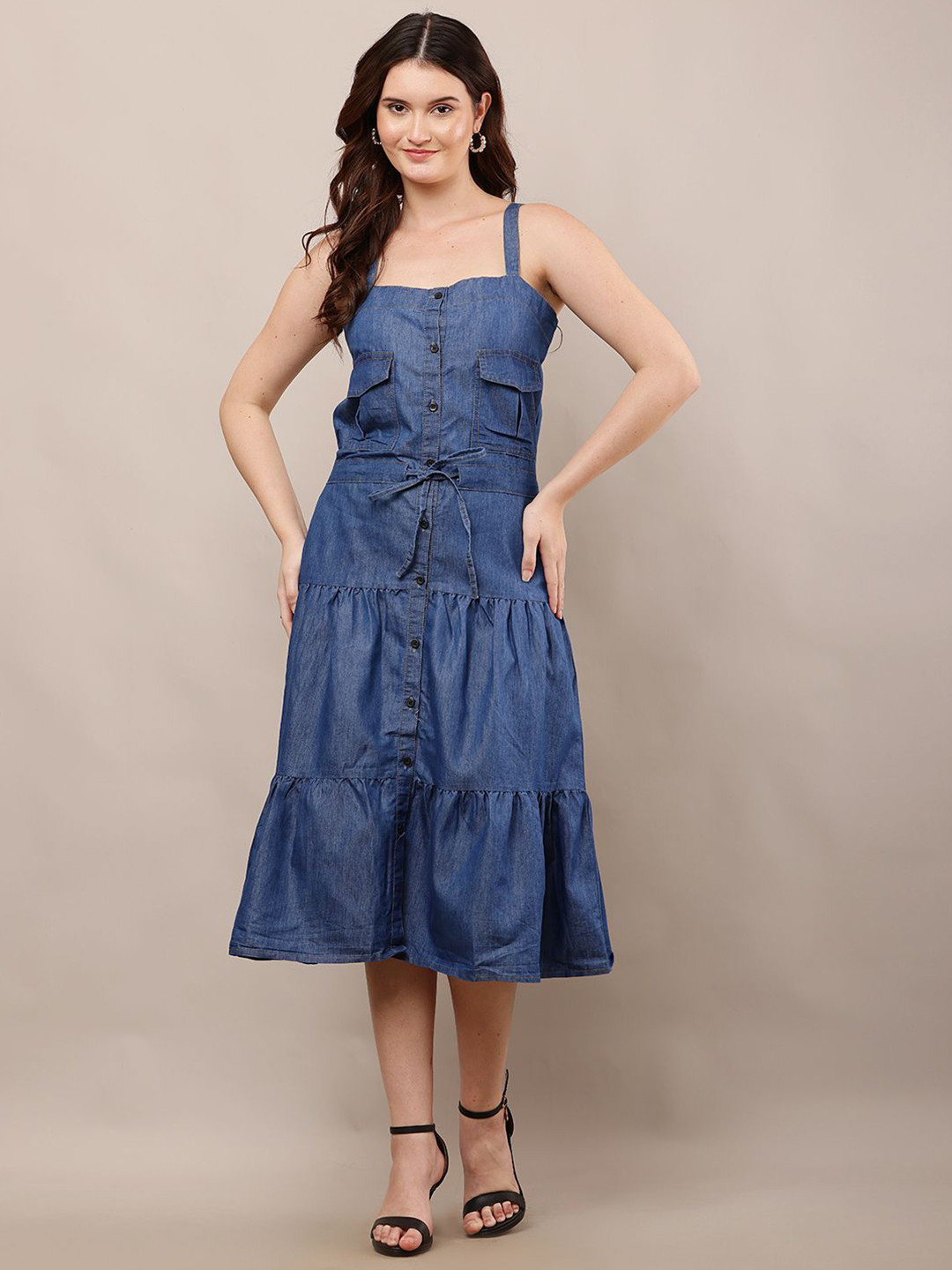 Mast & Harbour Women Solid Utility Pockets Sleeveless Fit & Flare Midi Dress