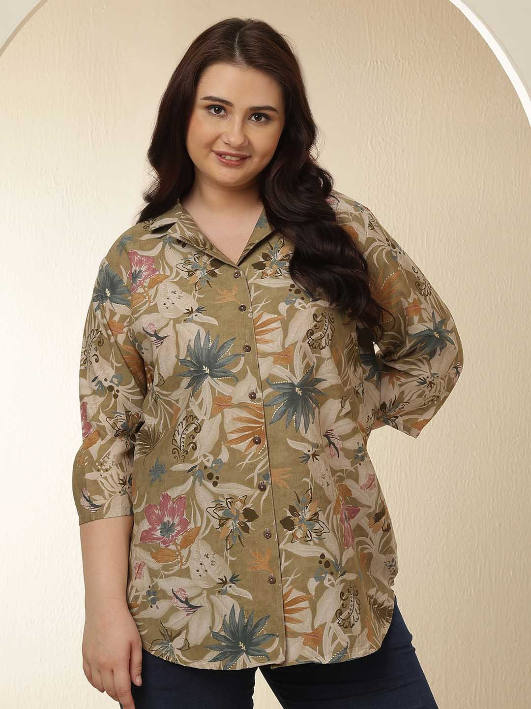 Amydus Plus Size Olive Floral Print Cuban Collar Cotton Shirt