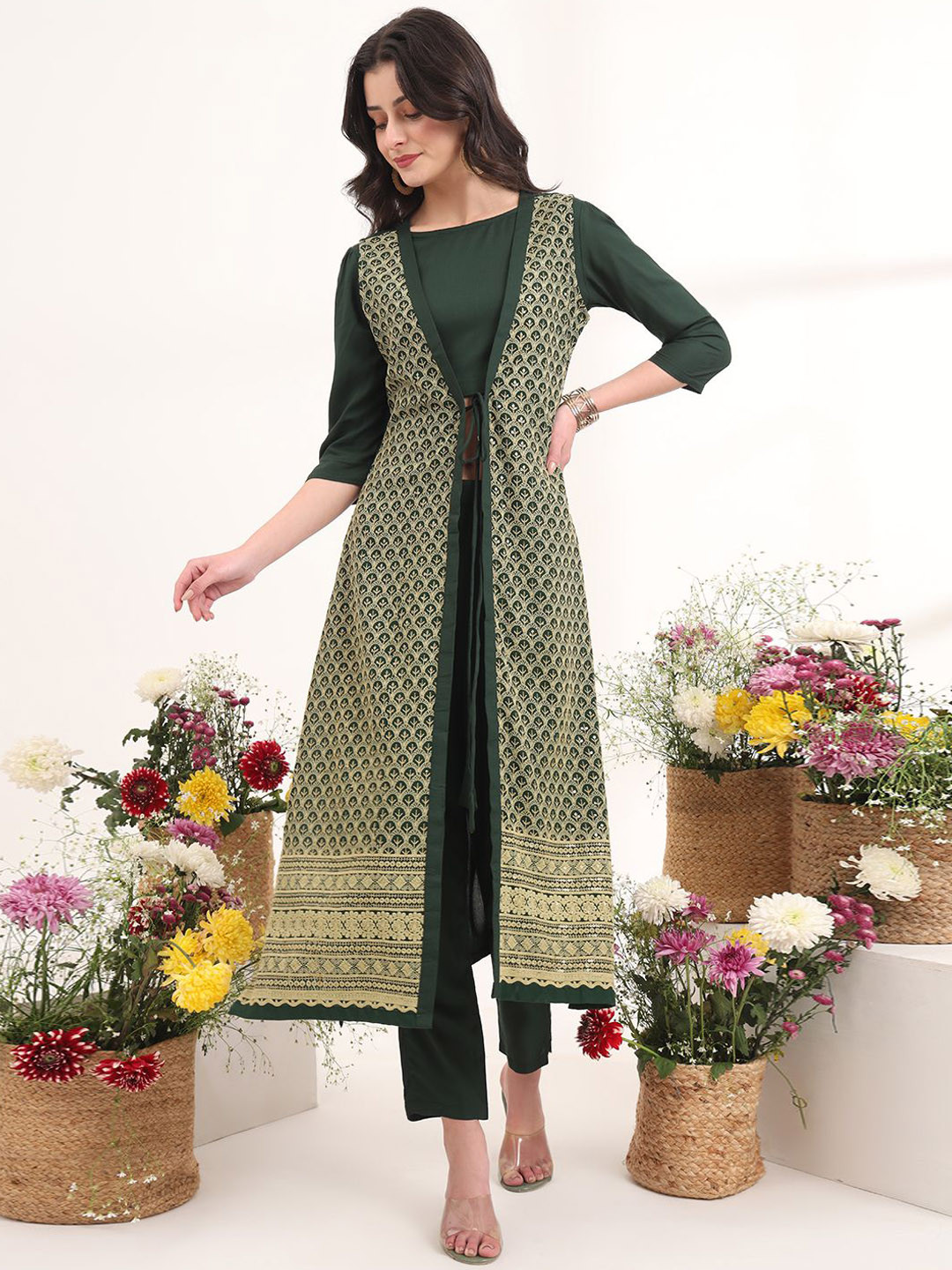 GUFRINA Ethnic Motifs Embroidered Jacket & Top With Harem Pants