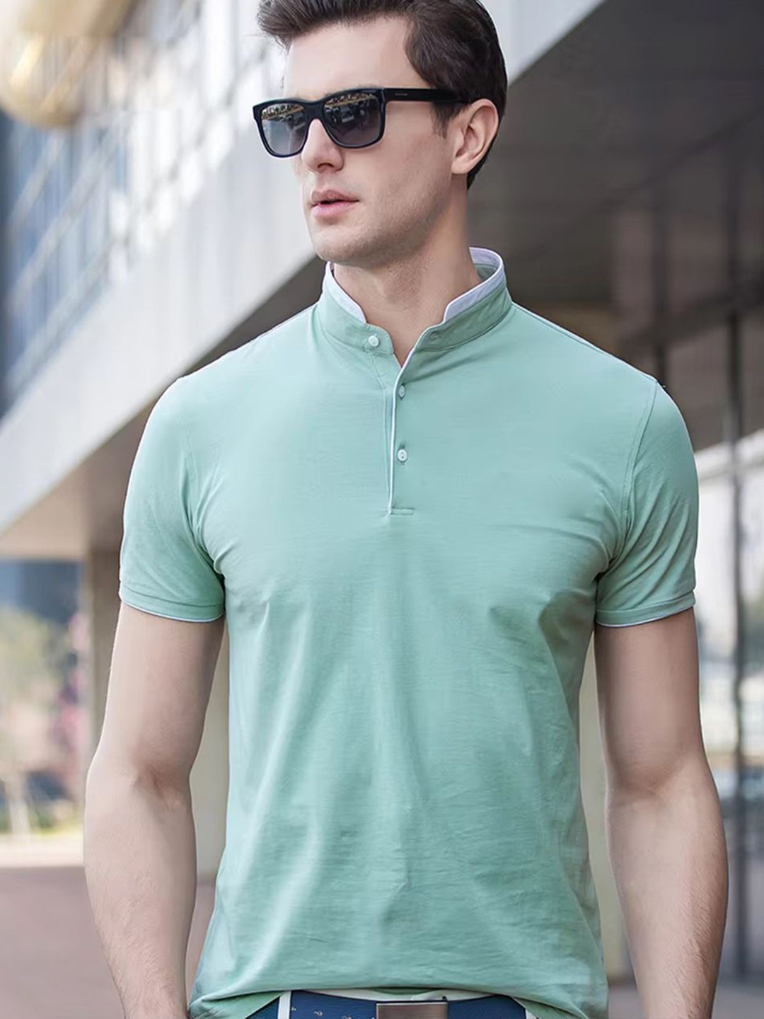 CLAFOUTIS Men Mandarin Collar Cotton Regular Fit T-shirt
