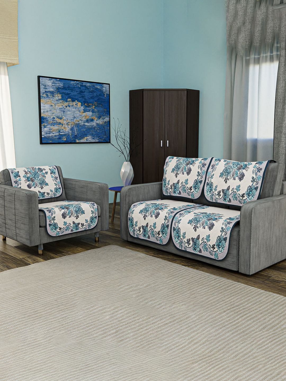 Kuber Industries Blue & White 6 Pieces Floral Printed Cotton 3 Seater Sofa Covers