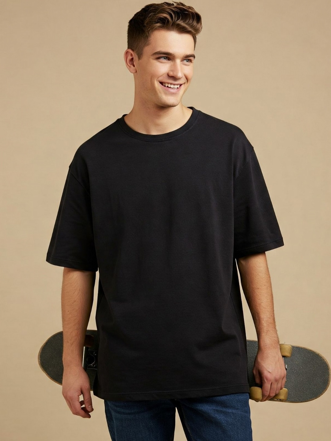 SMAN Men Solid Round Neck Oversizeds Cotton T-shirt