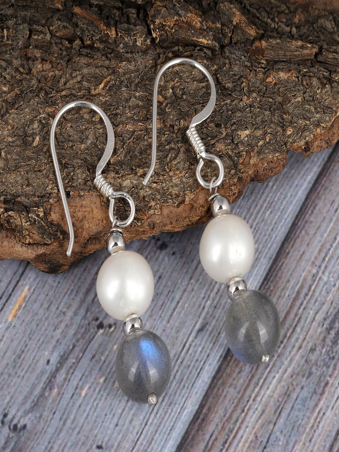 Nirvana Sterling Silver Rhodium Plated Labradorite Beaded Spherical Shaped Drop Earrings
