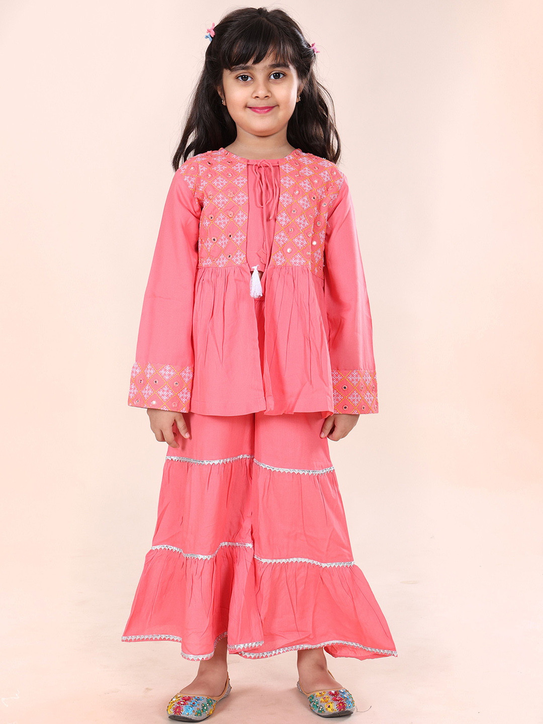 KiddoPanti Girls Ethnic Motif Embroidered Shrug With Crop Top and Sharara Set