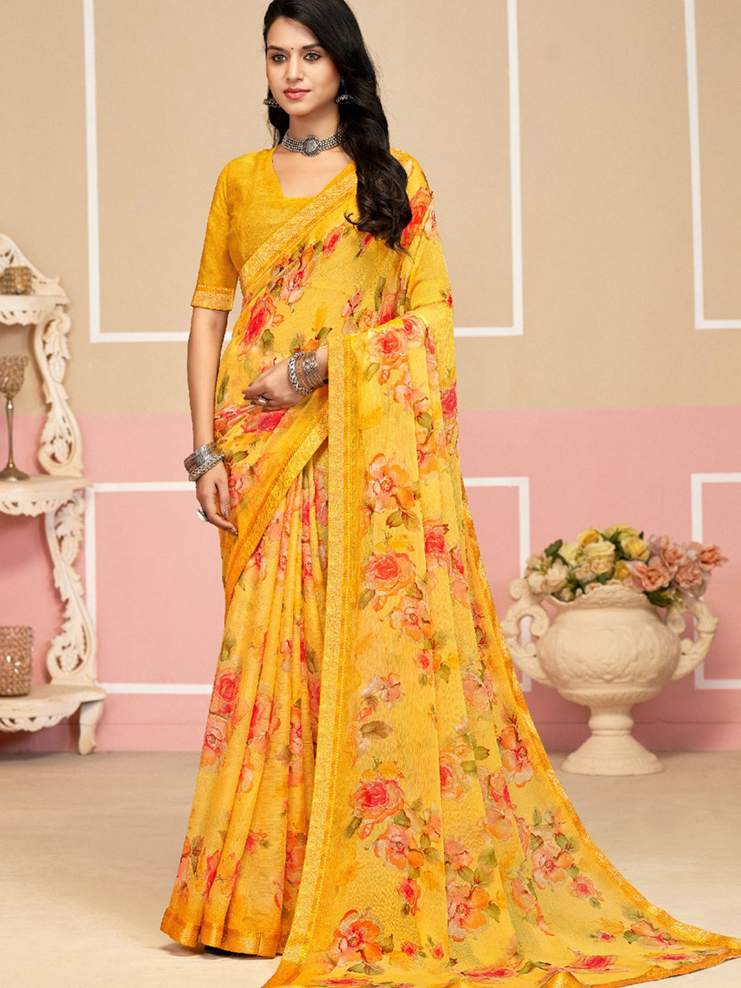 Panzora Floral Printed Lace Work Saree with Blouse Piece