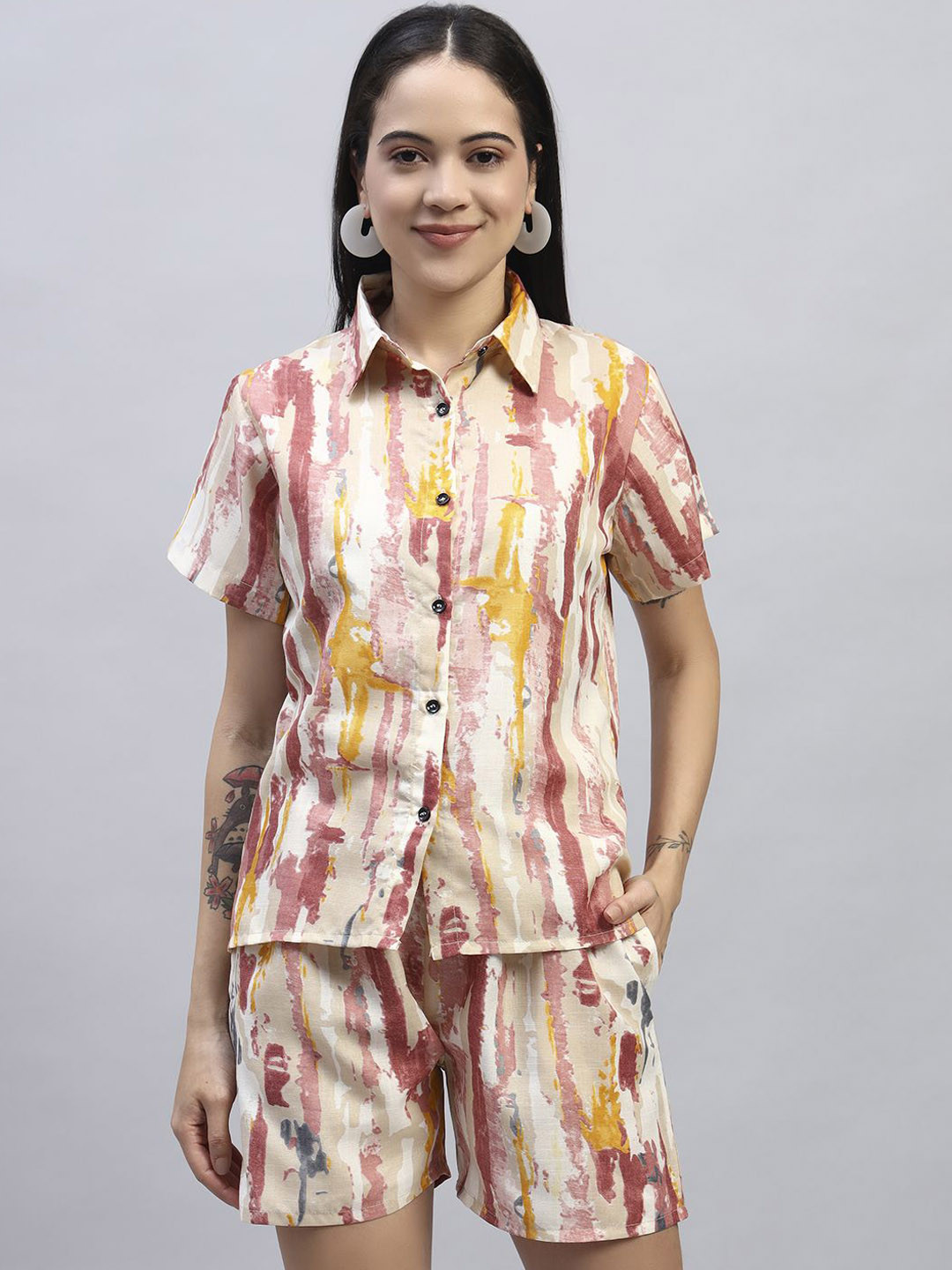 ROSEMELON Printed Shirt Collar Shirt With Shorts Co-Ords