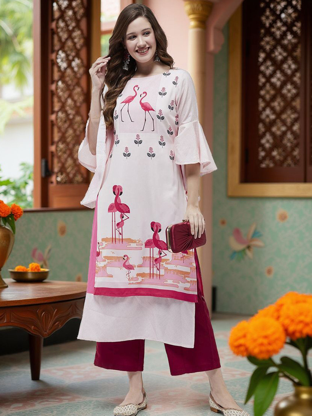 Pannkh Flamingo Printed Bell Sleeves Layered Straight Kurta