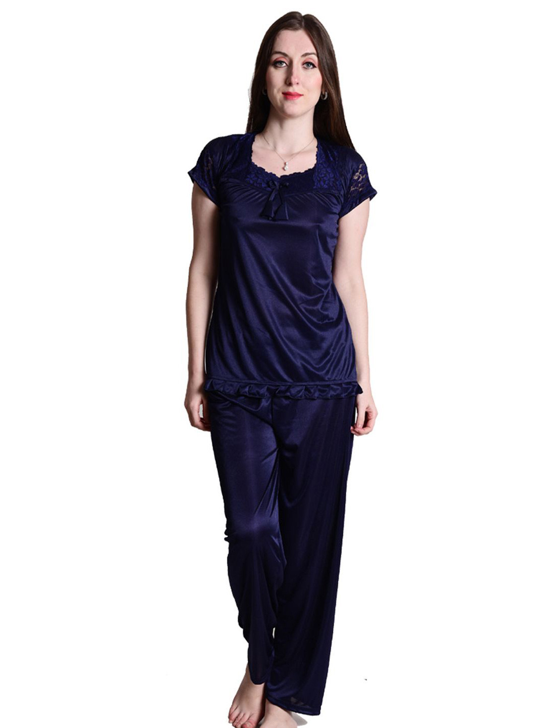 SENSLIFE Women Self Design Satin Top & Pyjamas Night Suits