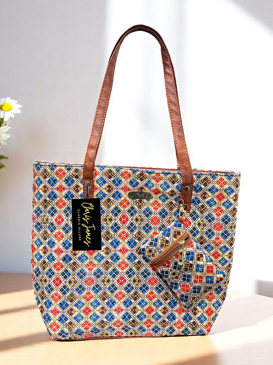 CLARIS JAMES Geometric Printed PU Rainbow Tote Bag