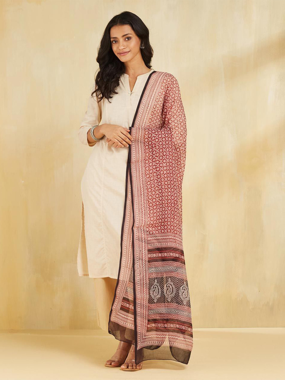 Fabindia Floral Printed Cotton Silk Dupatta