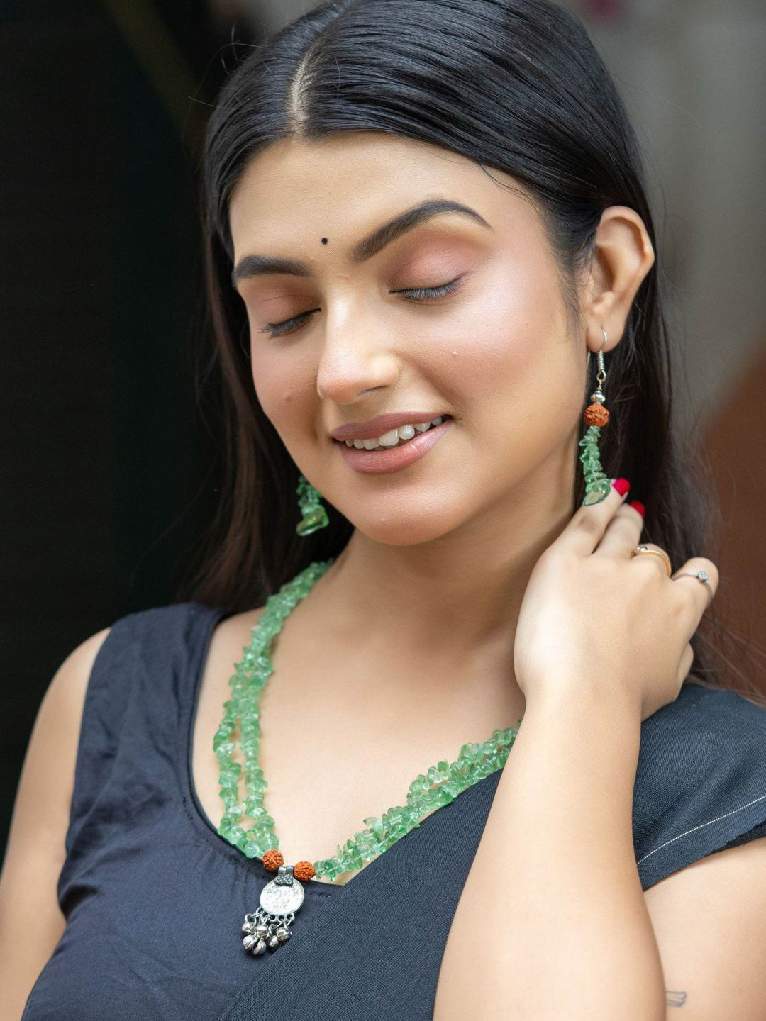 Look and Adorn Semi Precious Stone Rudraksh Coin Necklace Set with Earrings