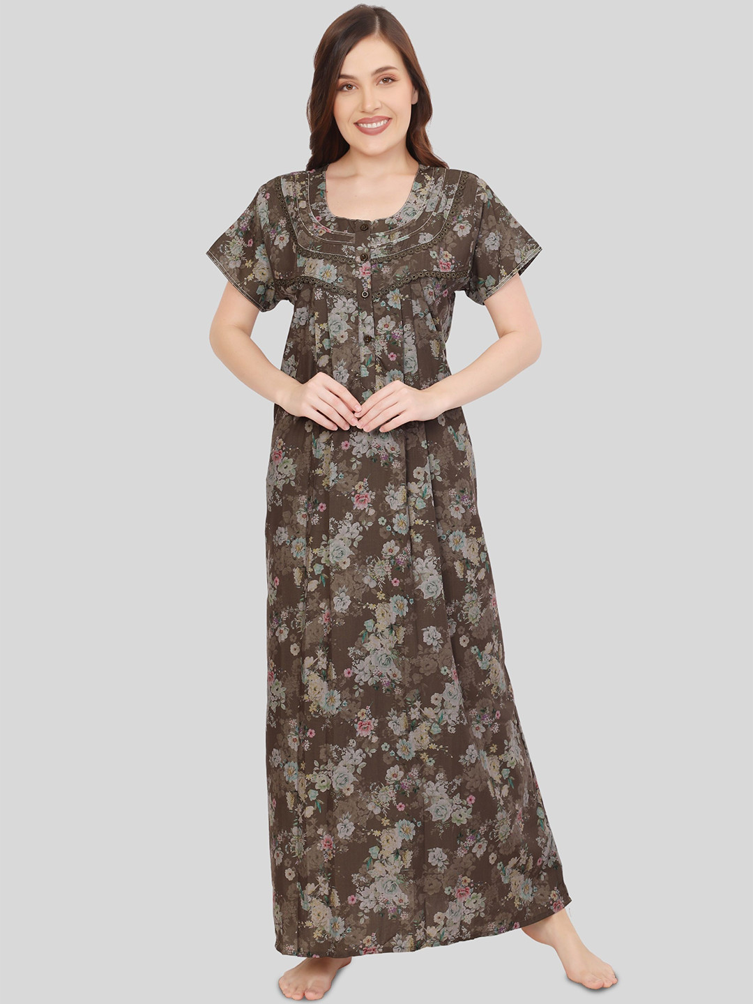 Glamoras Women Bizzy Lizzy Cotton Blend Printed Side Pocket Maxi Night Gown Nightdress