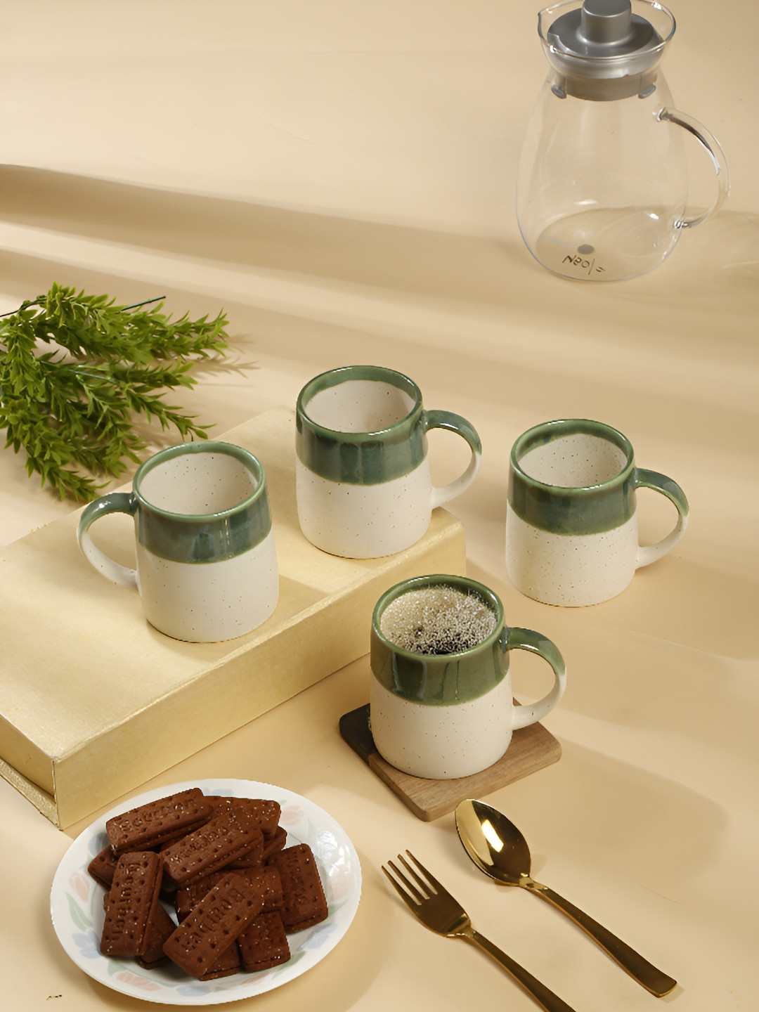 Myntra Elegant Homes Green Ceramic Microwave Safe 4 Piece Mug-300ml