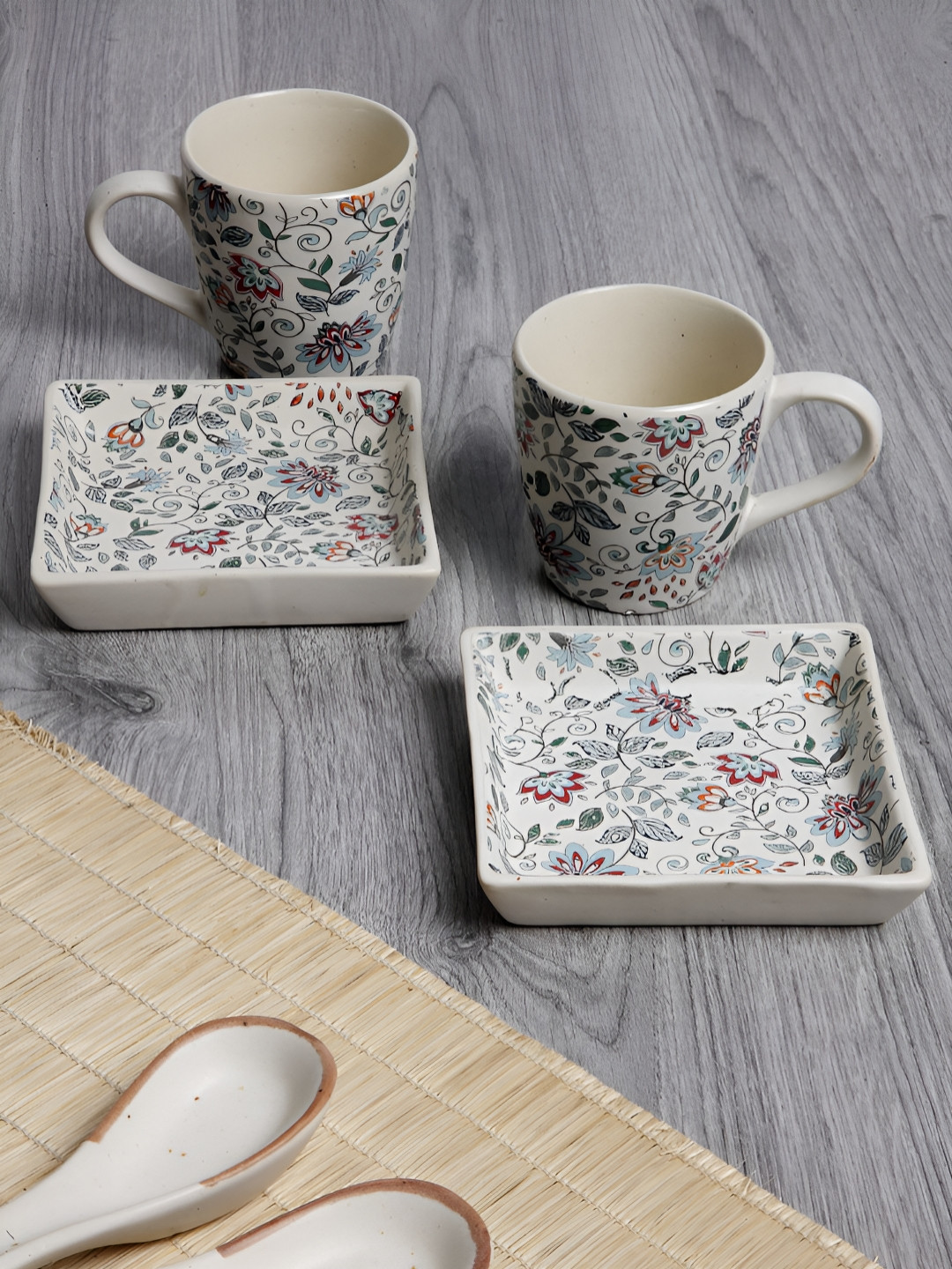 Myntra Elegant Homes 4-Pcs Off-White & Blue Printed Ceramic Mugs & Tray