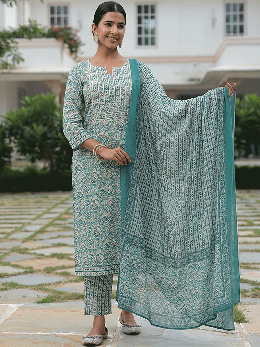 Aramya Paisley Printed Notch Neck Pure Cotton Straight Kurta with Trousers & Dupatta