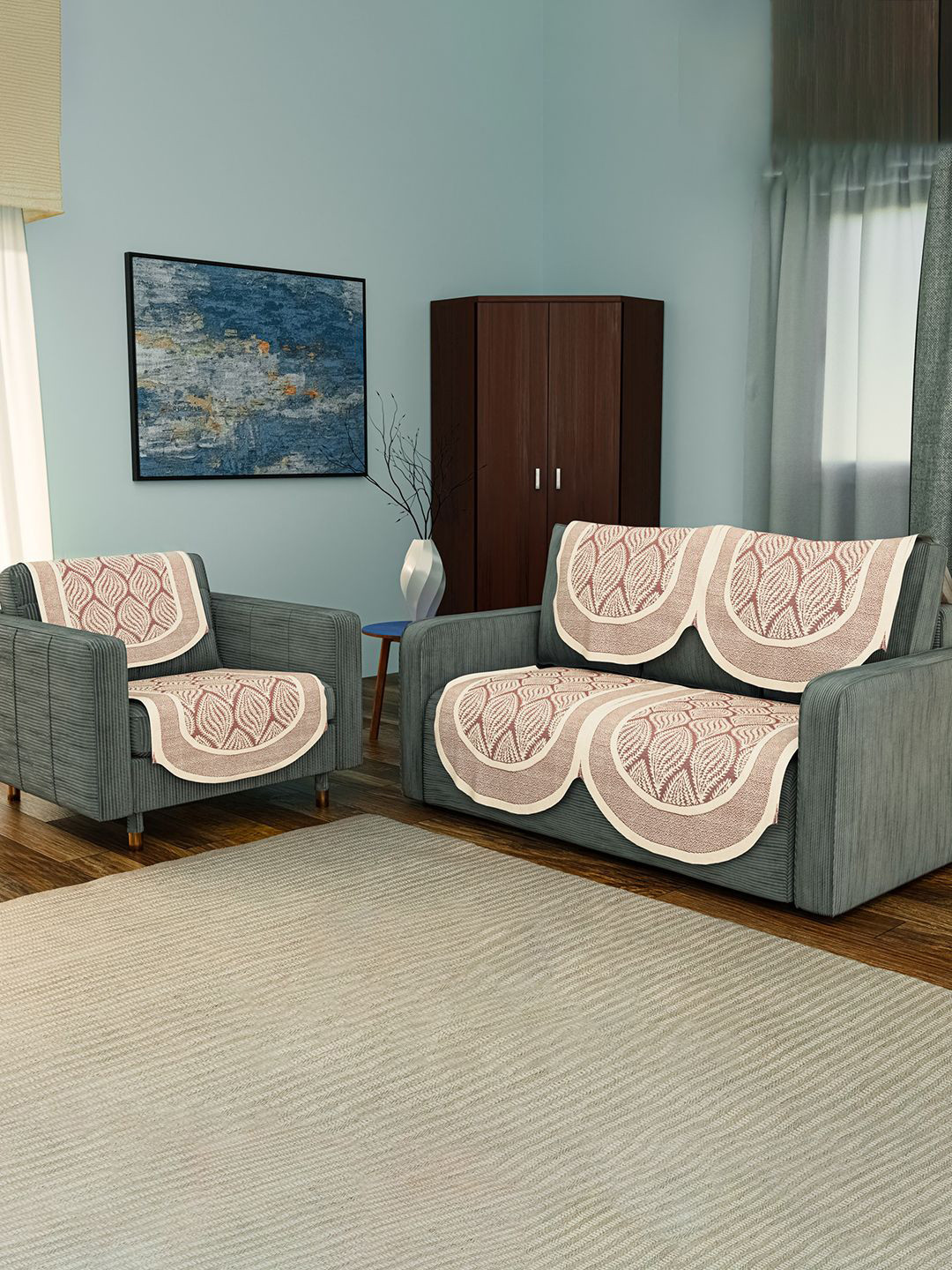 Kuber Industries Set of 6 Durable Net Cotton Sofa Covers 2+1 Seater Coconut Bright Maroon