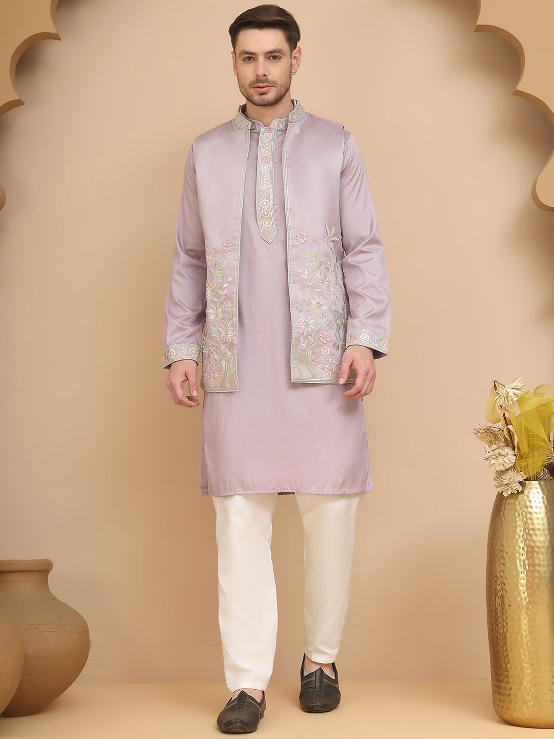 Jompers Men Mandarin Collar Kurta with Pyjamas With Embroidered Waistcoat