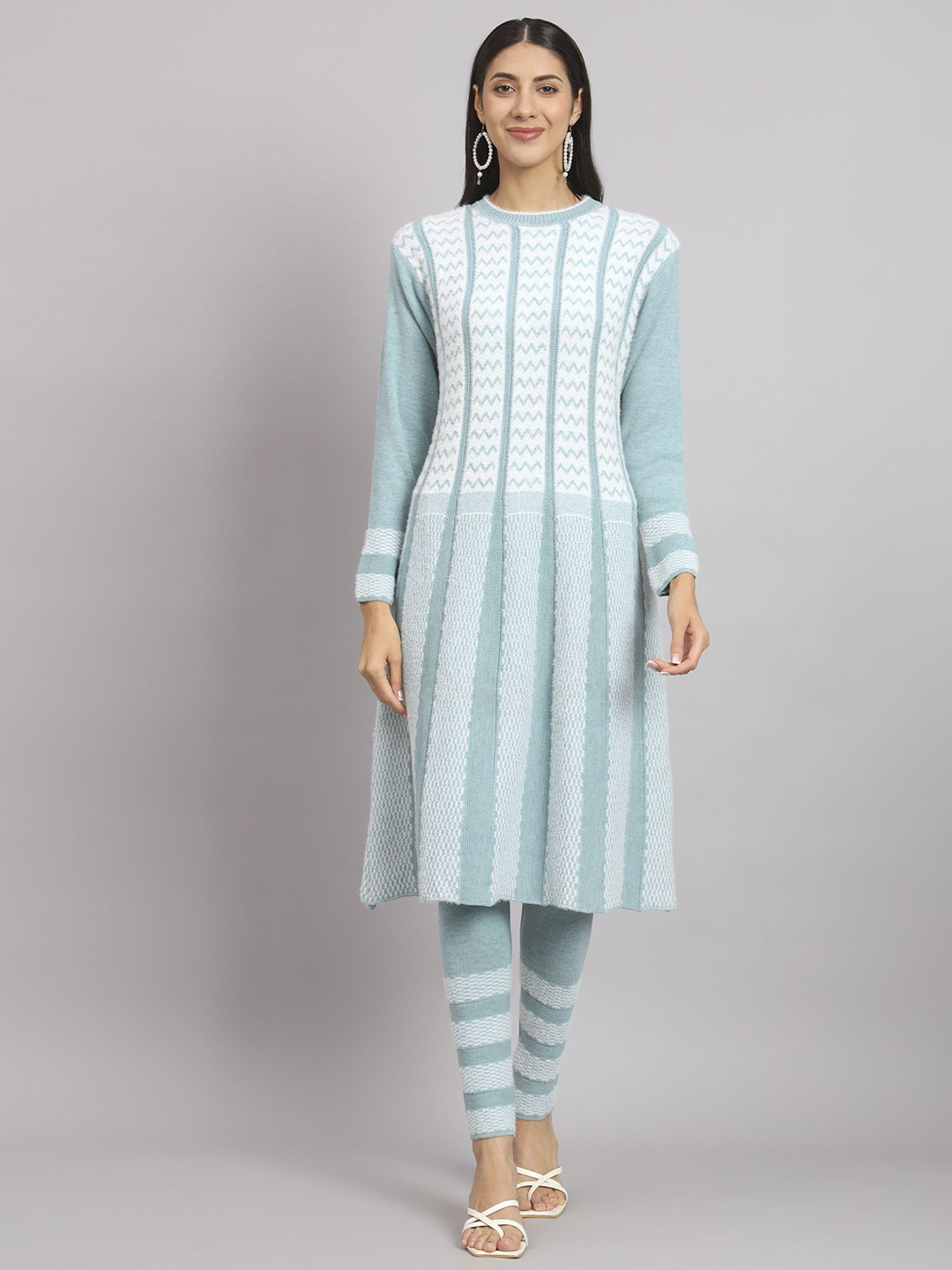 BUDAPEST Woven Design Round Neck Pure Wool A-Line Kurta With Leggings