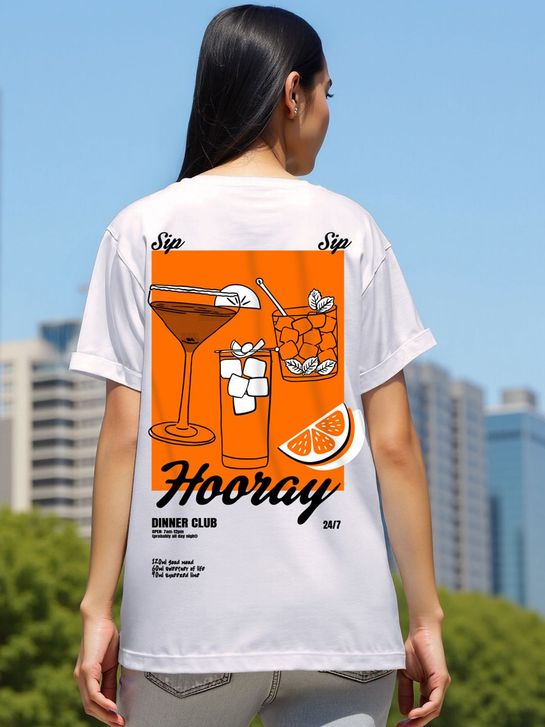 Bewakoof Women White & Orange Sip Sip Hooray Graphic Printed Pure Cotton T-shirt