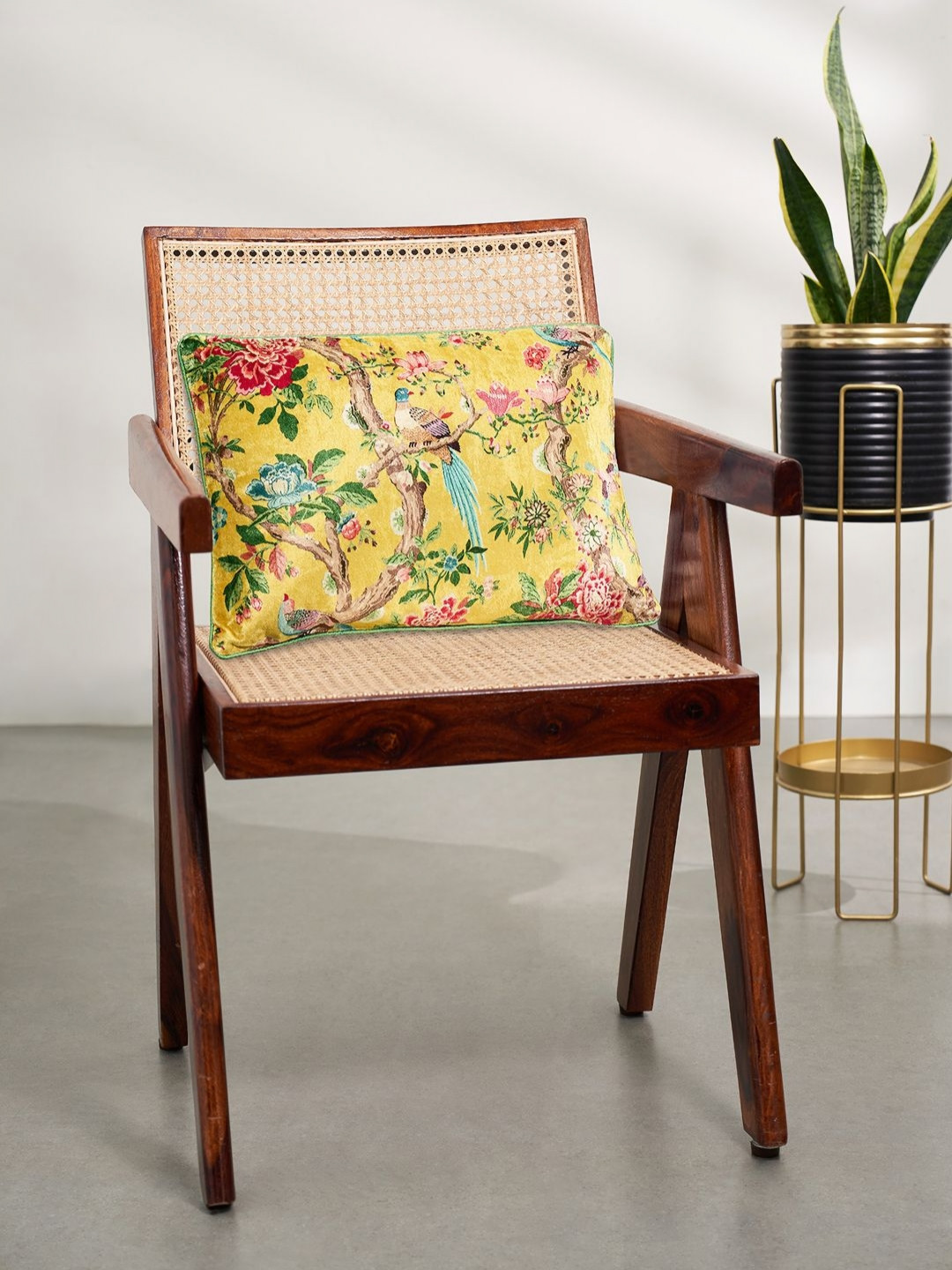 Living scapes by Pantaloons Yellow Floral Cotton Rectangle Cushion Cover -12x18In