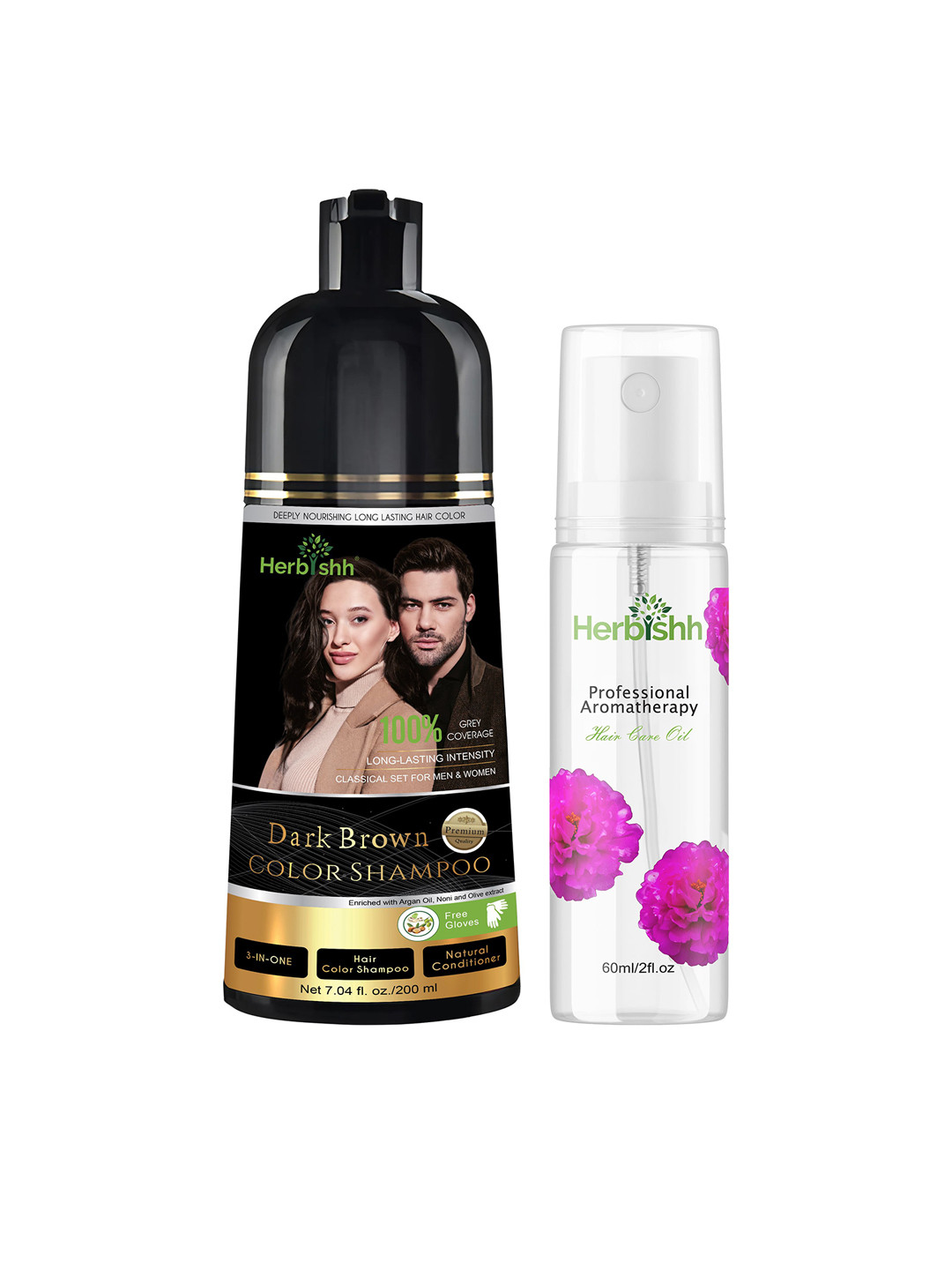 Herbishh Set Of 2 Hair Color Shampoo 200 ml Dark Brown & Flower Hair Oil - 60 ml