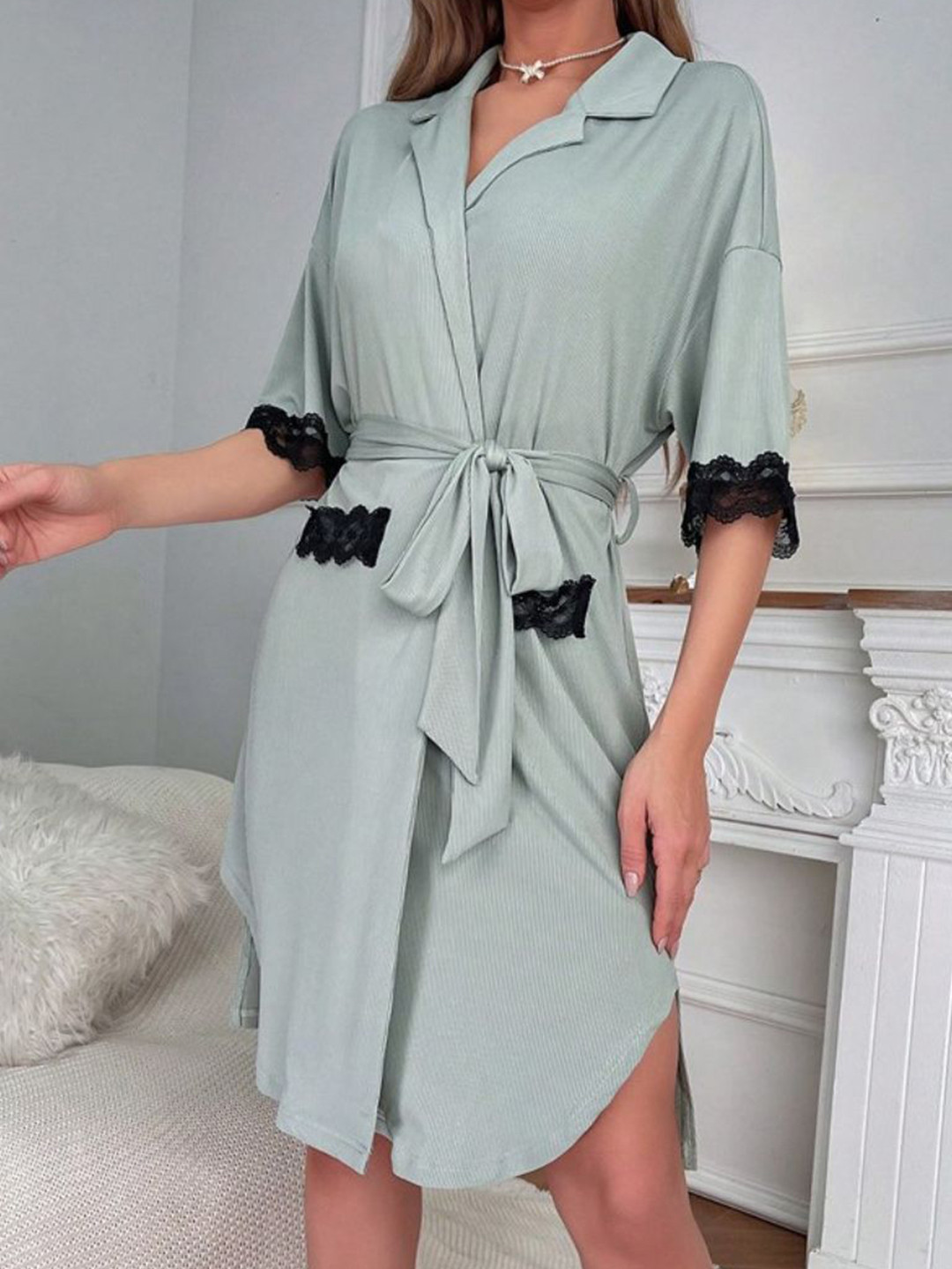 DressBerry Self Design Knee Length Robe With Belt