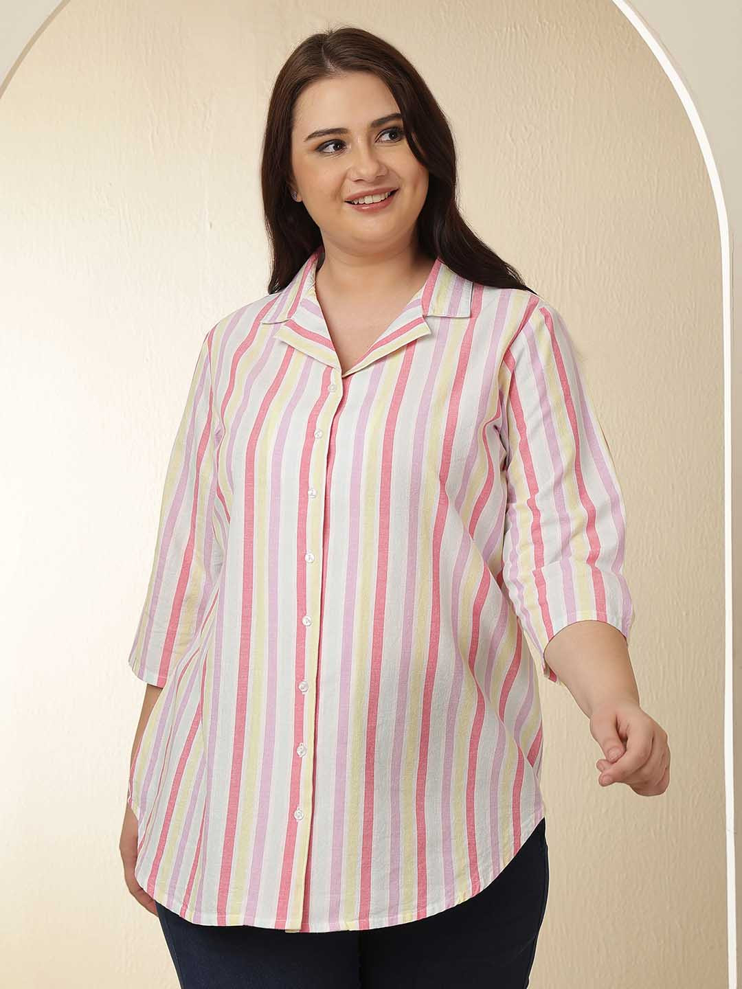 Amydus Plus Size White Pink Stripe Cuban Collar Cotton Shirt