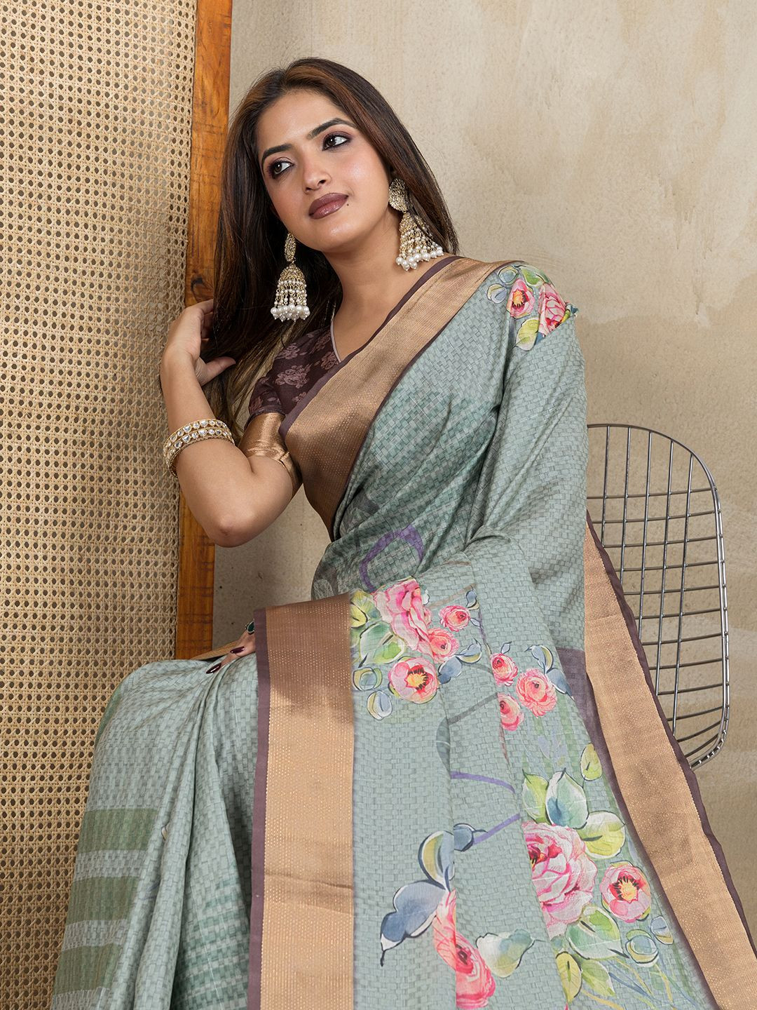PAMPER YOURSELF Woven Design Floral Zari Tissue Saree