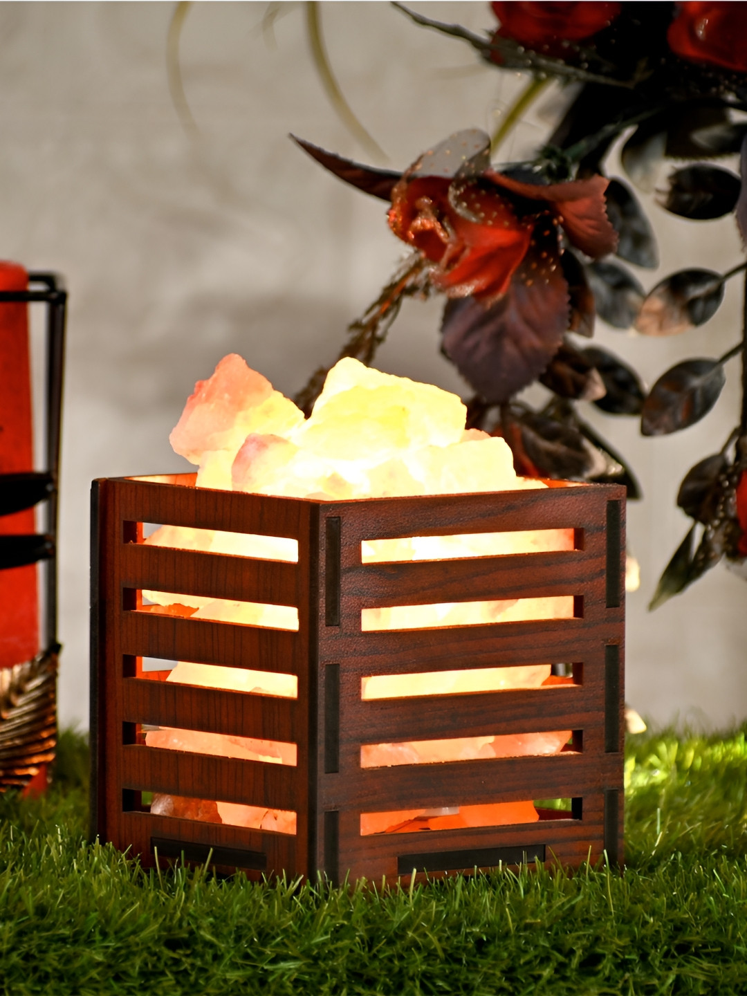 GLOBAL AROMA Brown & Orange Colored Wooden Contemporary Square Shaped Table Lamp With Bulb