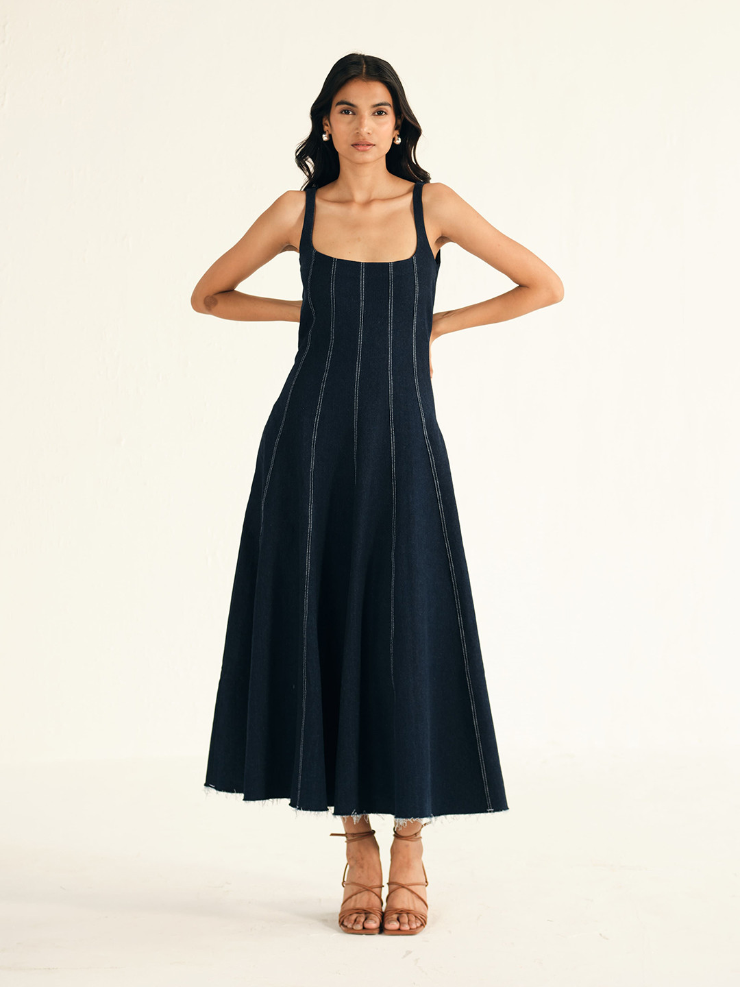 Shop Staple Women Square Neck Fit And Flare Denim Midi Dress