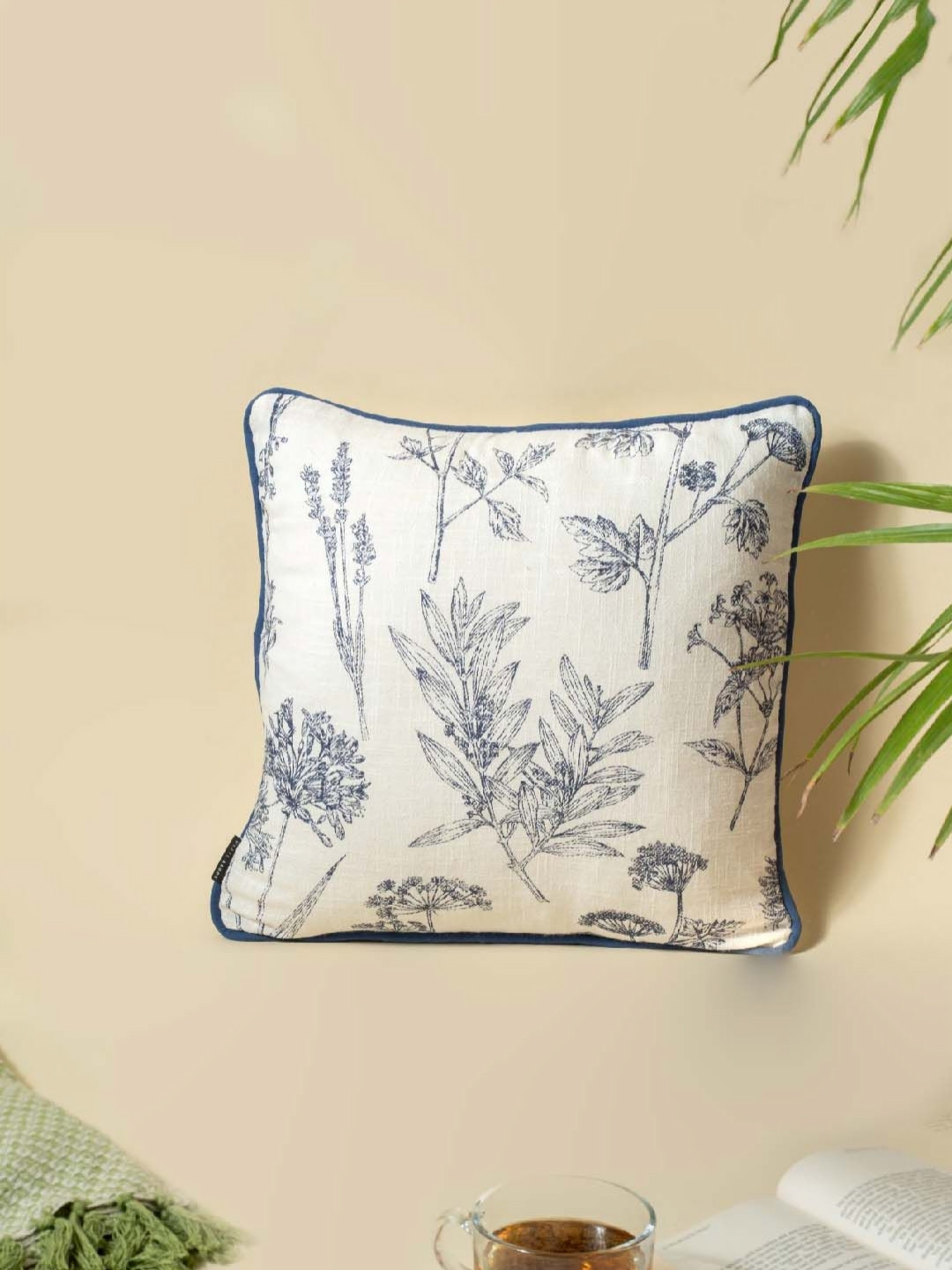 Weave Abode Leafy Blue White Floral Cotton Breathable Square Cushion Cover -18x18In