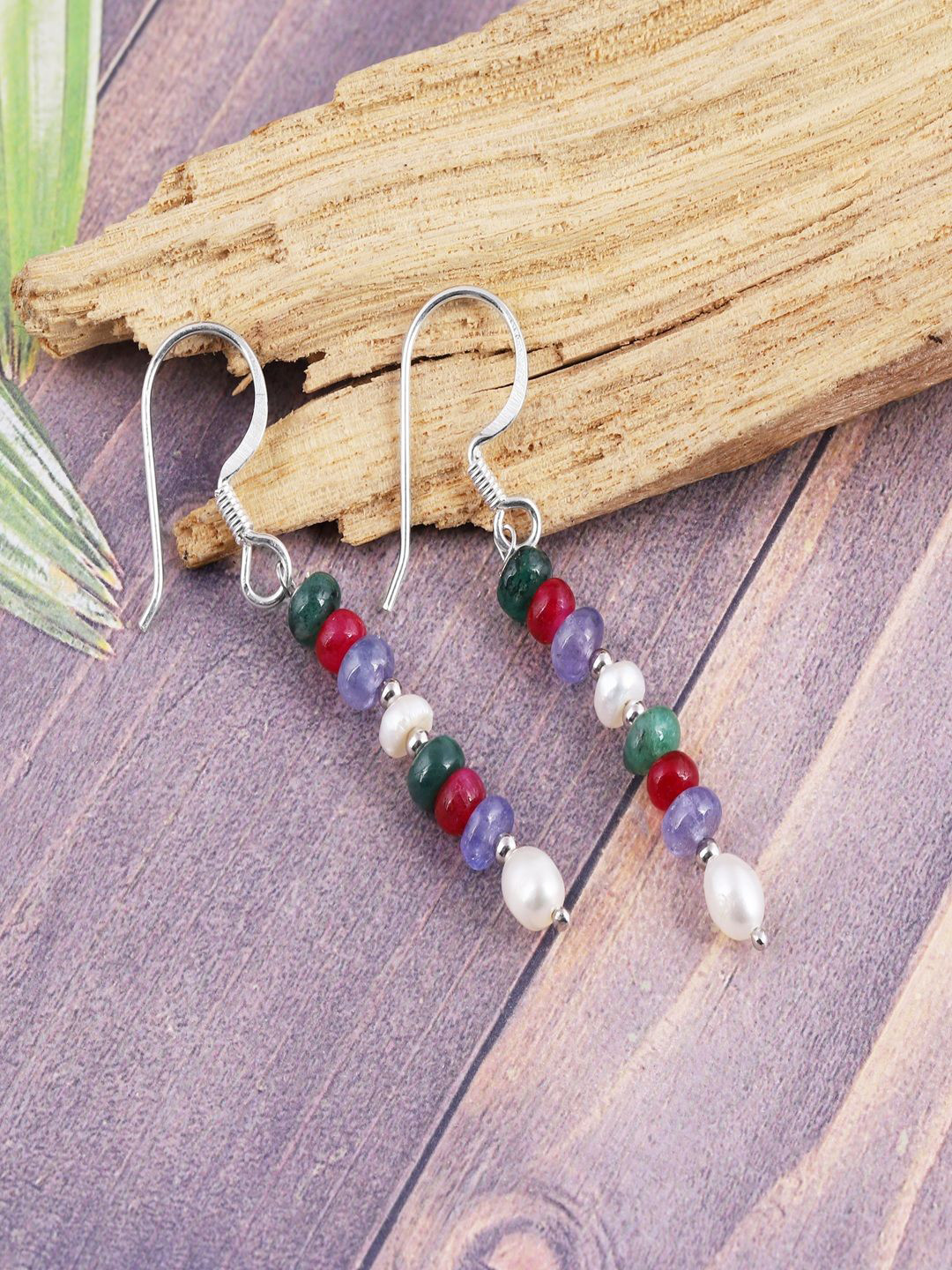 Nirvana 925 Sterling Silver Rhodium Plated Ruby Tanzanite and Pearls Beaded Drop Earrings
