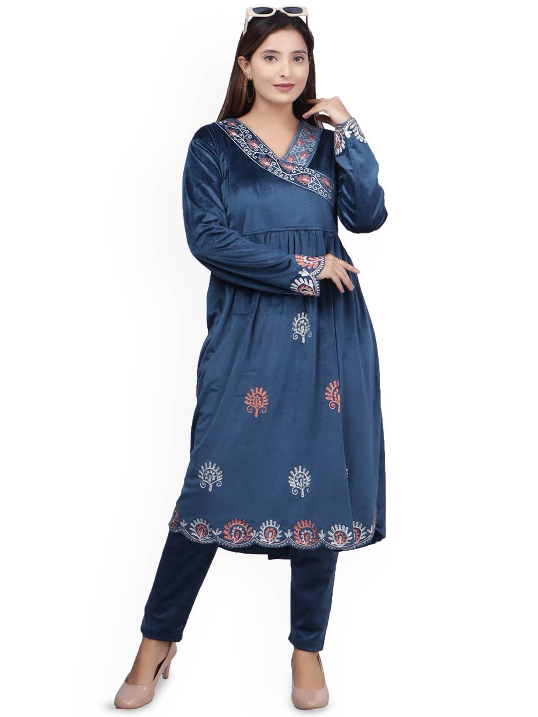 WOOL 4U Women Ethnic Motifs Embroidered Angrakha Velvet Kurta with Trousers