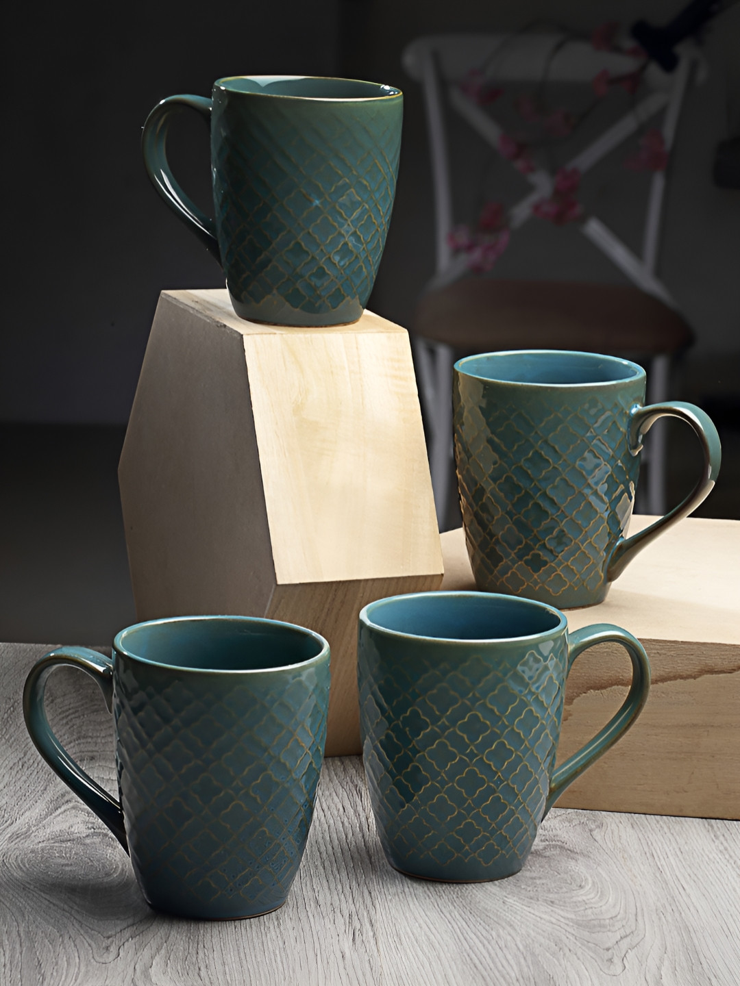 Myntra Elegant Homes Moon Phase Design Green Ethnic Motifs Ceramic Handmade 4 Piece Mugs-250ml
