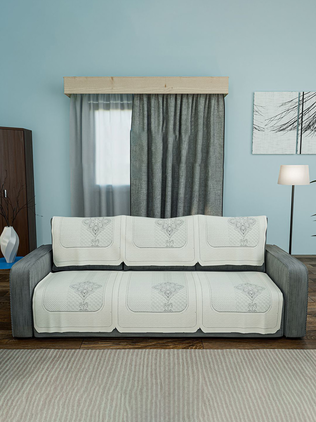 Kuber Industries Maple Flower Off White Self Design 6 Pieces Cotton 3 Seater Sofa Covers