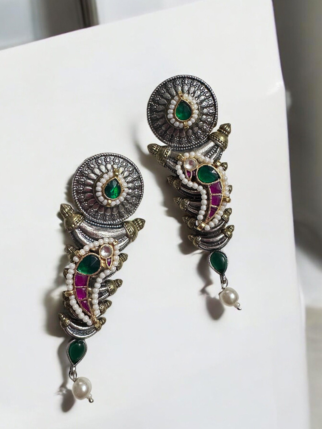 Anouk Silver-Plated Kundan Studded Contemporary Jadau Pachi Long Drop Earrings