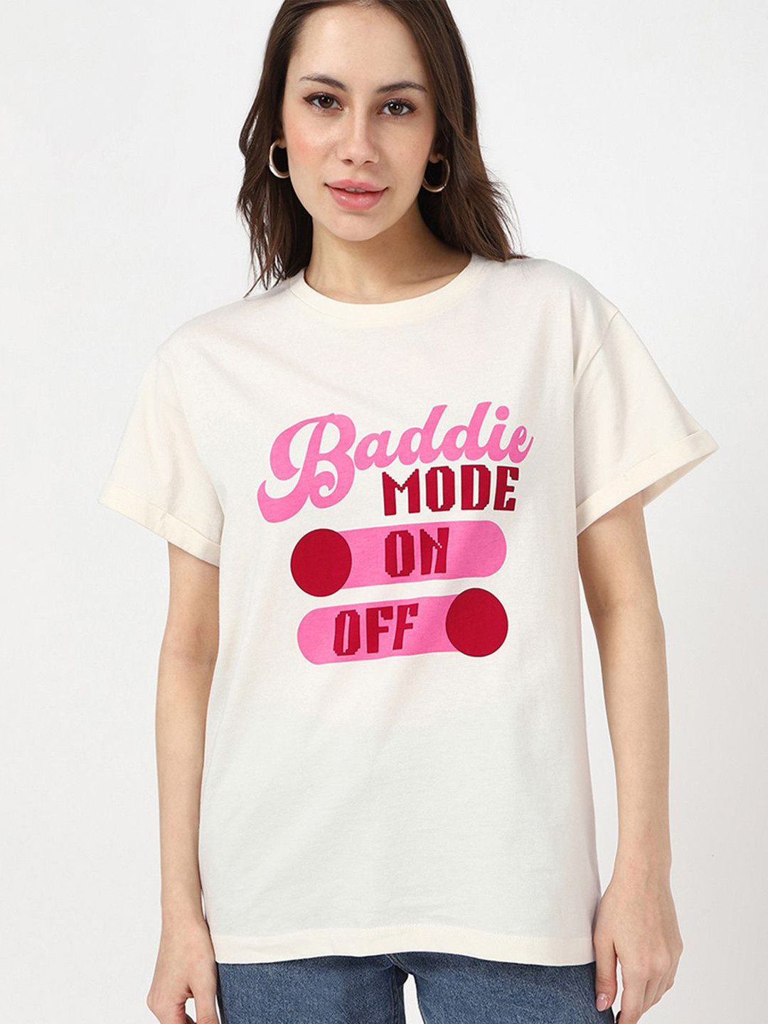 Bewakoof Women Gardenia Baddie Printed Pure Cotton Boyfriend Fit T-shirt