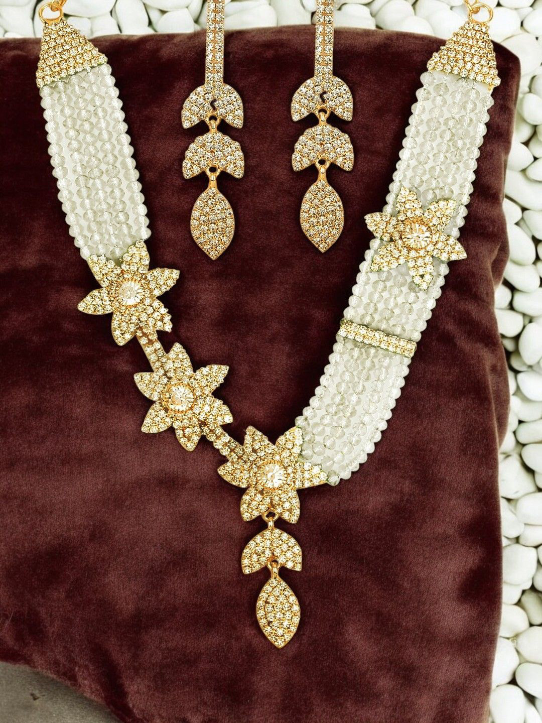 ANIKAS CREATION Gold-Plated Floral Multi Strings Beaded Jewellery Set