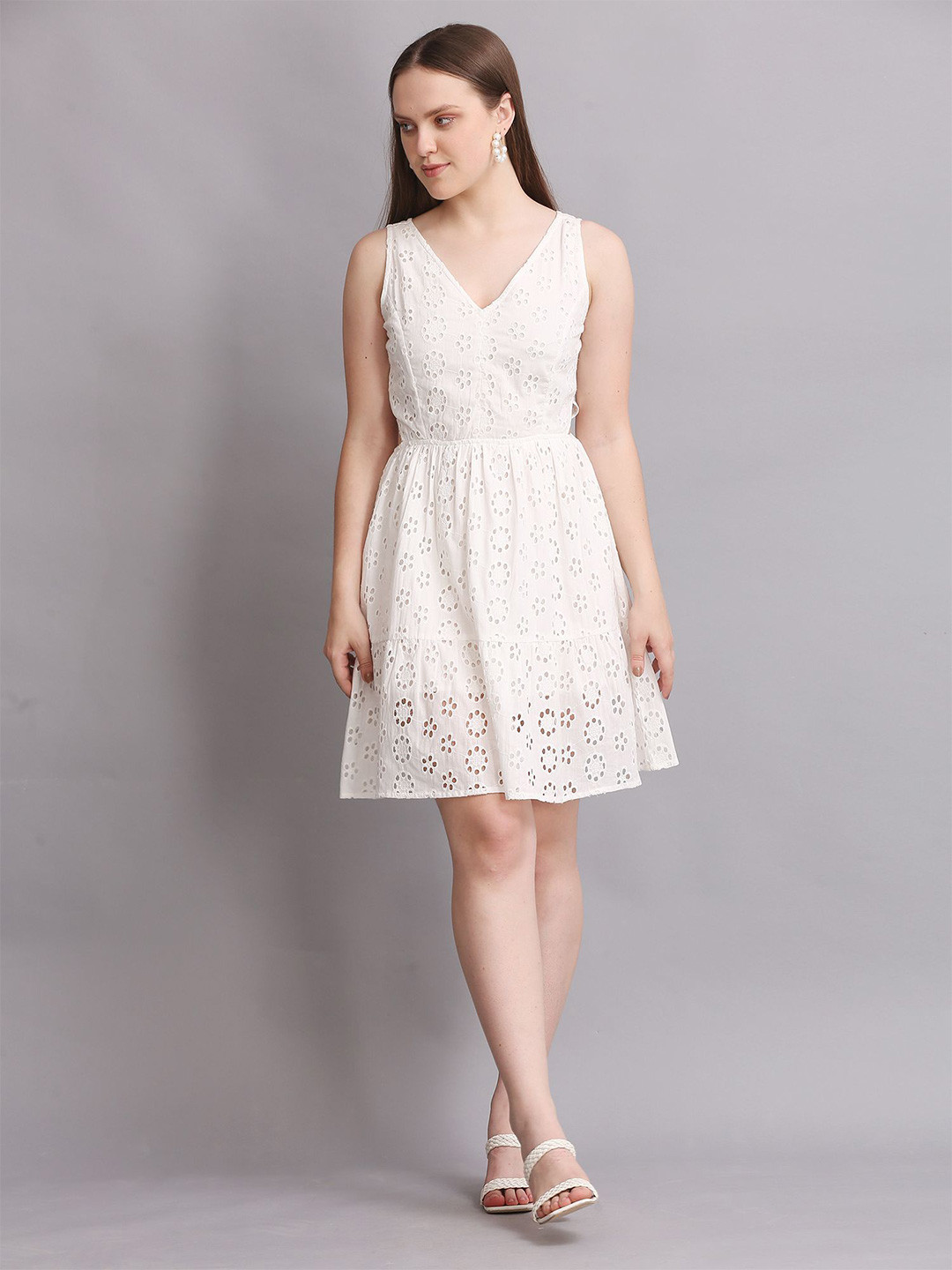 SWISHIN Women V-Neck schiffli side cutout Fit & Flare Dress